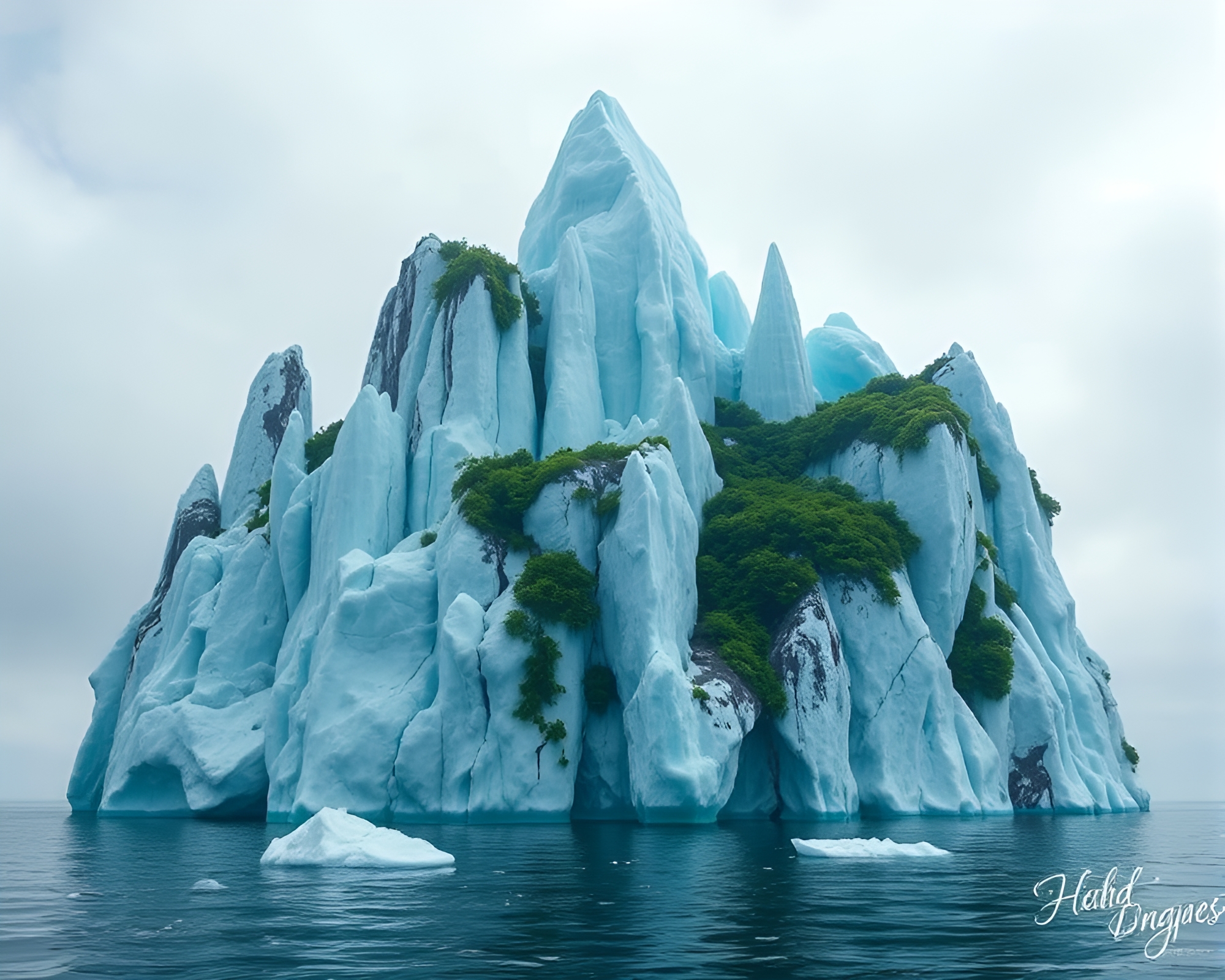 Majestic Iceberg Cathedral Surrounded by Lush Greenery – free AI stock image