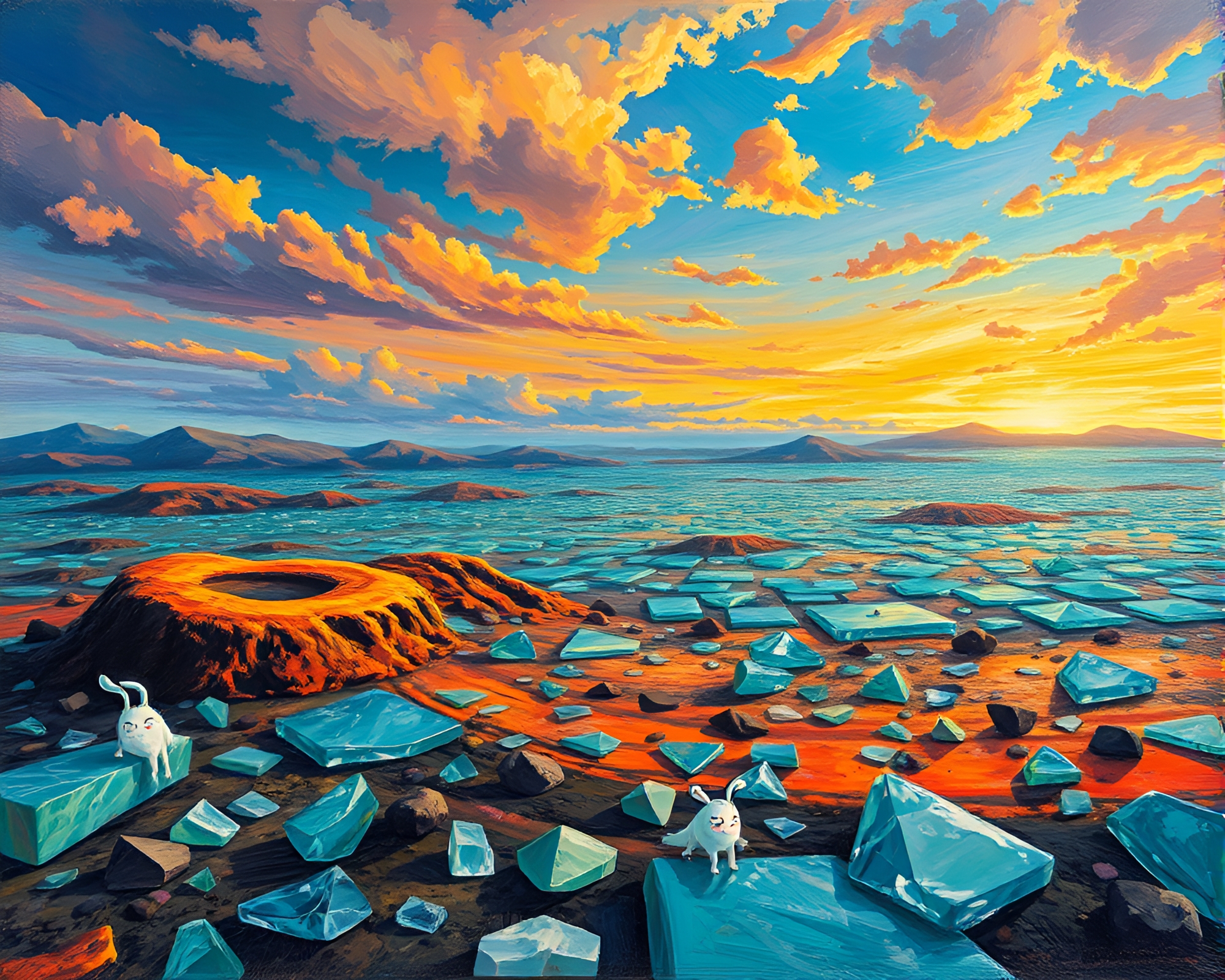 Volcanic Glass Plains: Whimsical Creatures Frolicking Under Colorful Skies – free AI stock image
