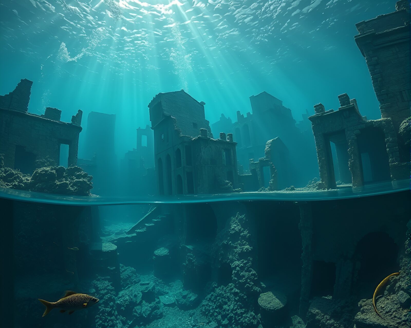Vivid underwater ruins with sunlight shining through murky waters