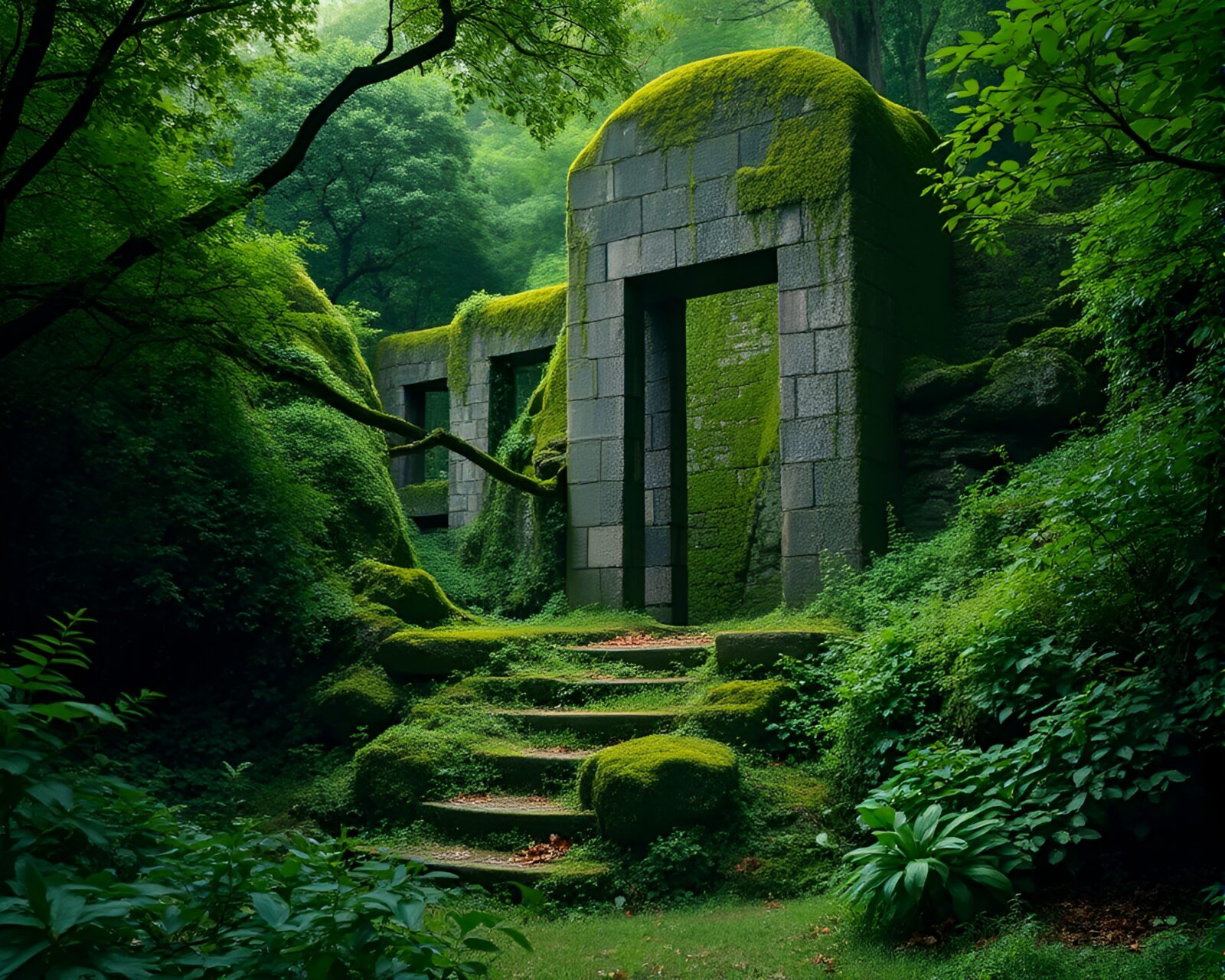 Weathered monolithic structure covered in moss and ivy