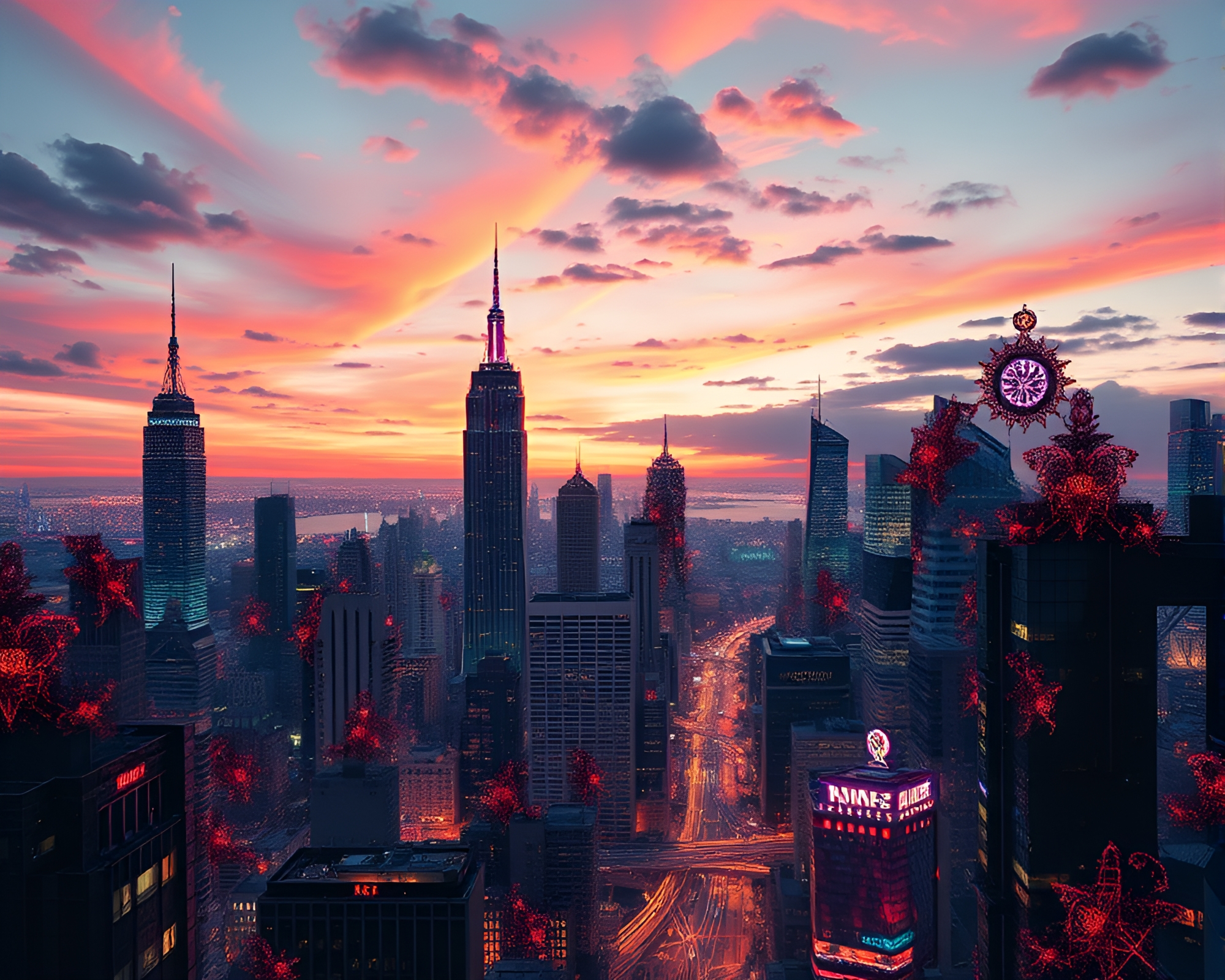 Futuristic Cityscape with Fractal Patterns at Twilight – free AI stock image