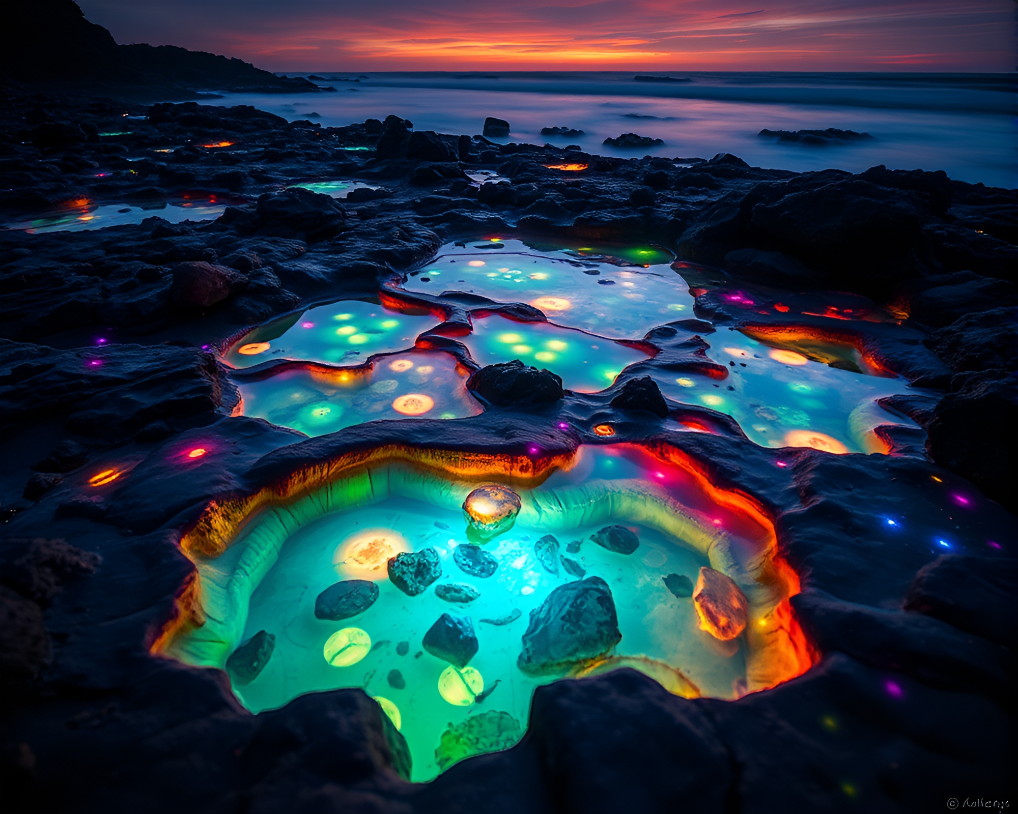 Enchanting Bioluminescent Tide Pools Illuminate Ancient Secrets – free AI stock image