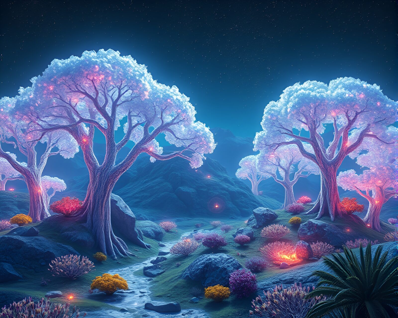 Ethereal light glistening on silicon crystal trees in surreal forest scene