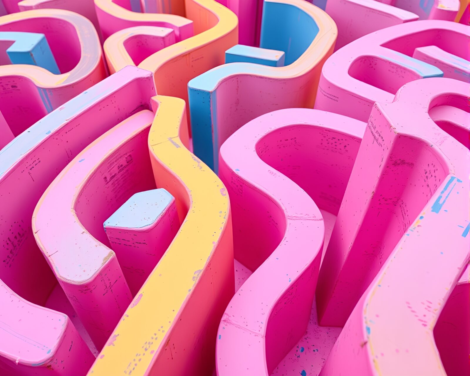 Twisting pathways in pink, blue, and yellow maze