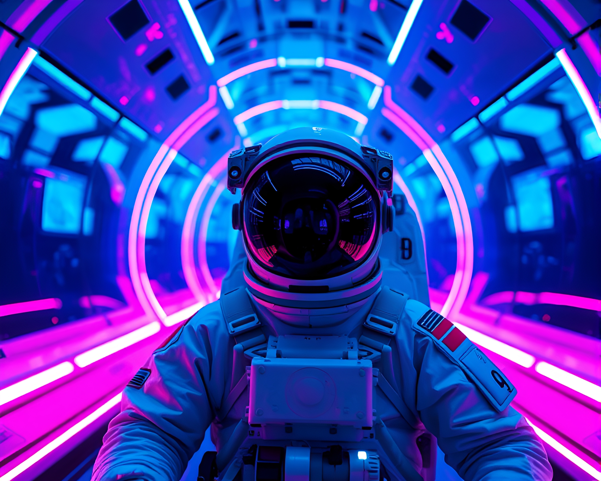 Lone Astronaut Contemplating in Vibrant Neon Lights – free AI stock image