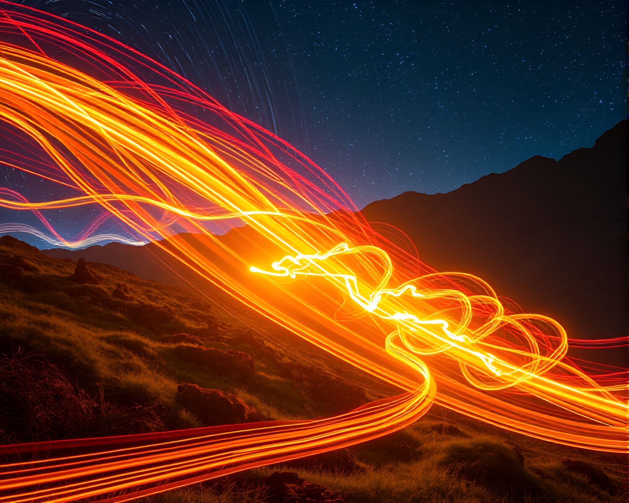 Ethereal Light Trails Dance in Surreal Kinetic Landscape – free AI stock image