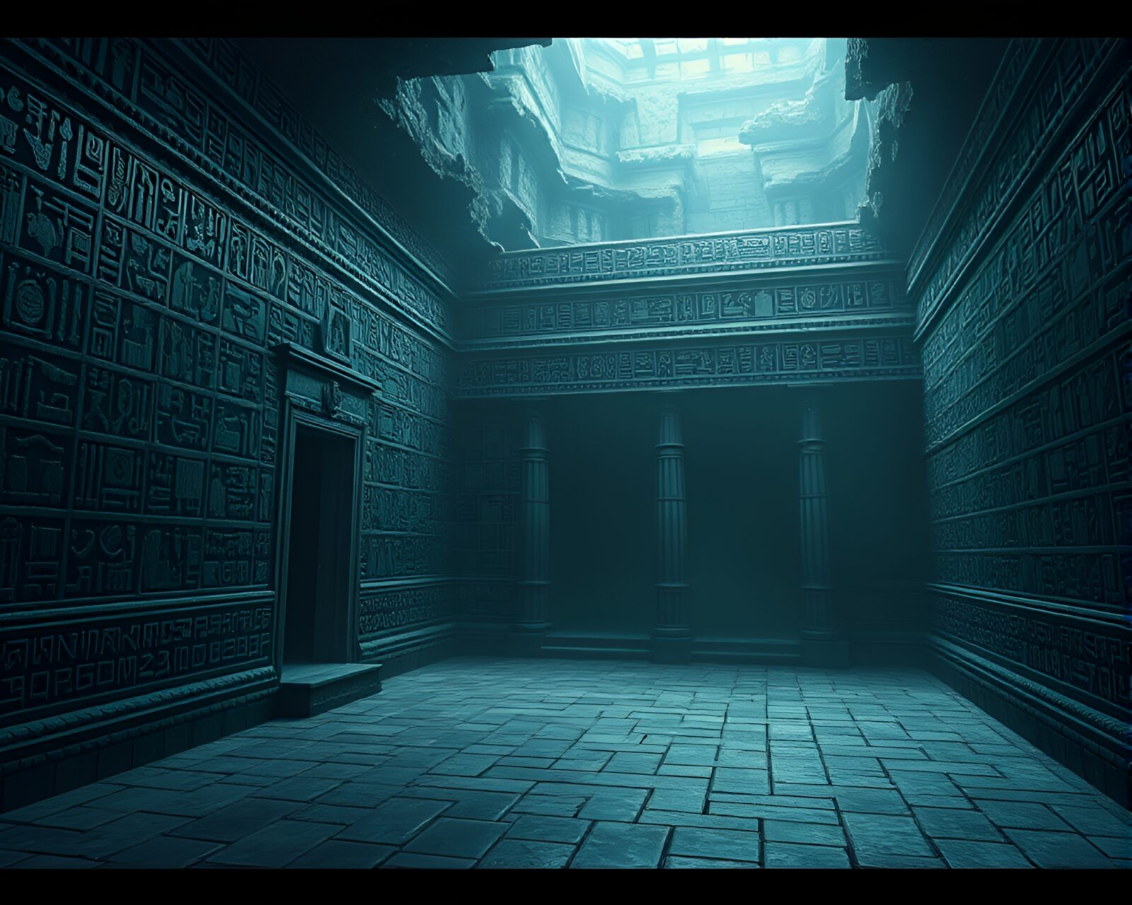 Mysterious dark temple with detailed glyphs and mosaic tiles