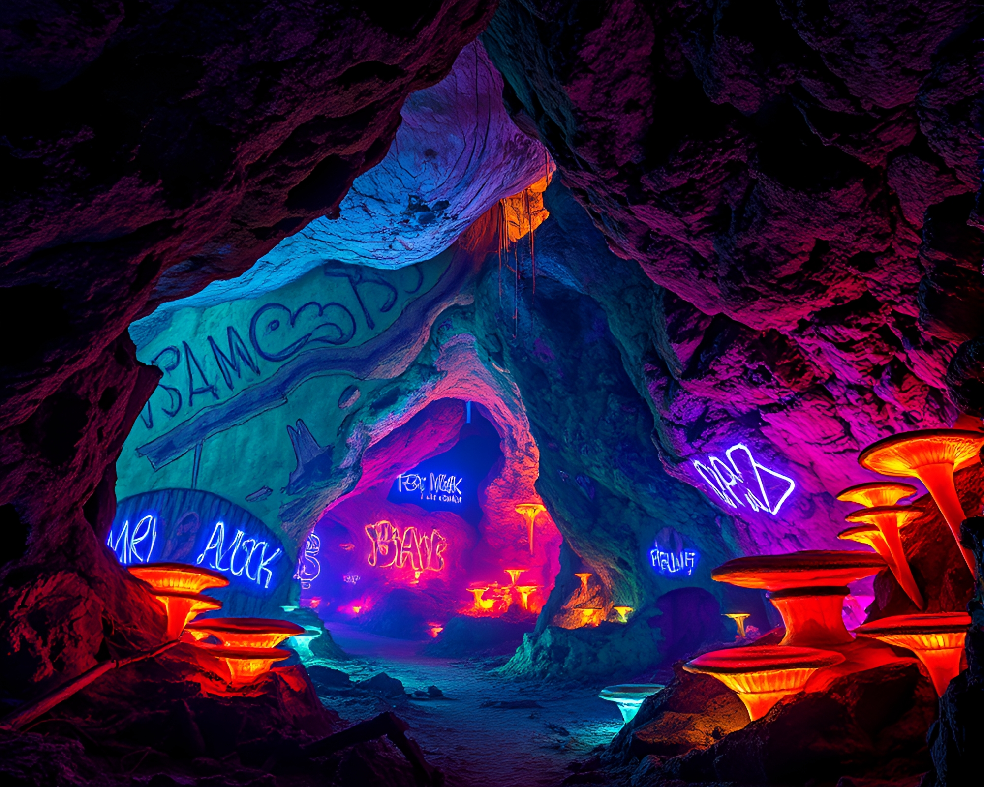 Luminous Neon Graffiti in Enigmatic Cave Landscape – free AI stock image