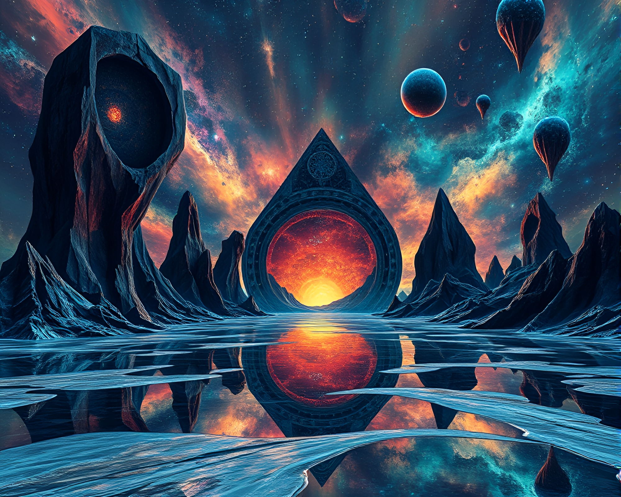 Vibrant Cosmic Mirrored Horizon Abstract Digital Artwork – free AI stock image