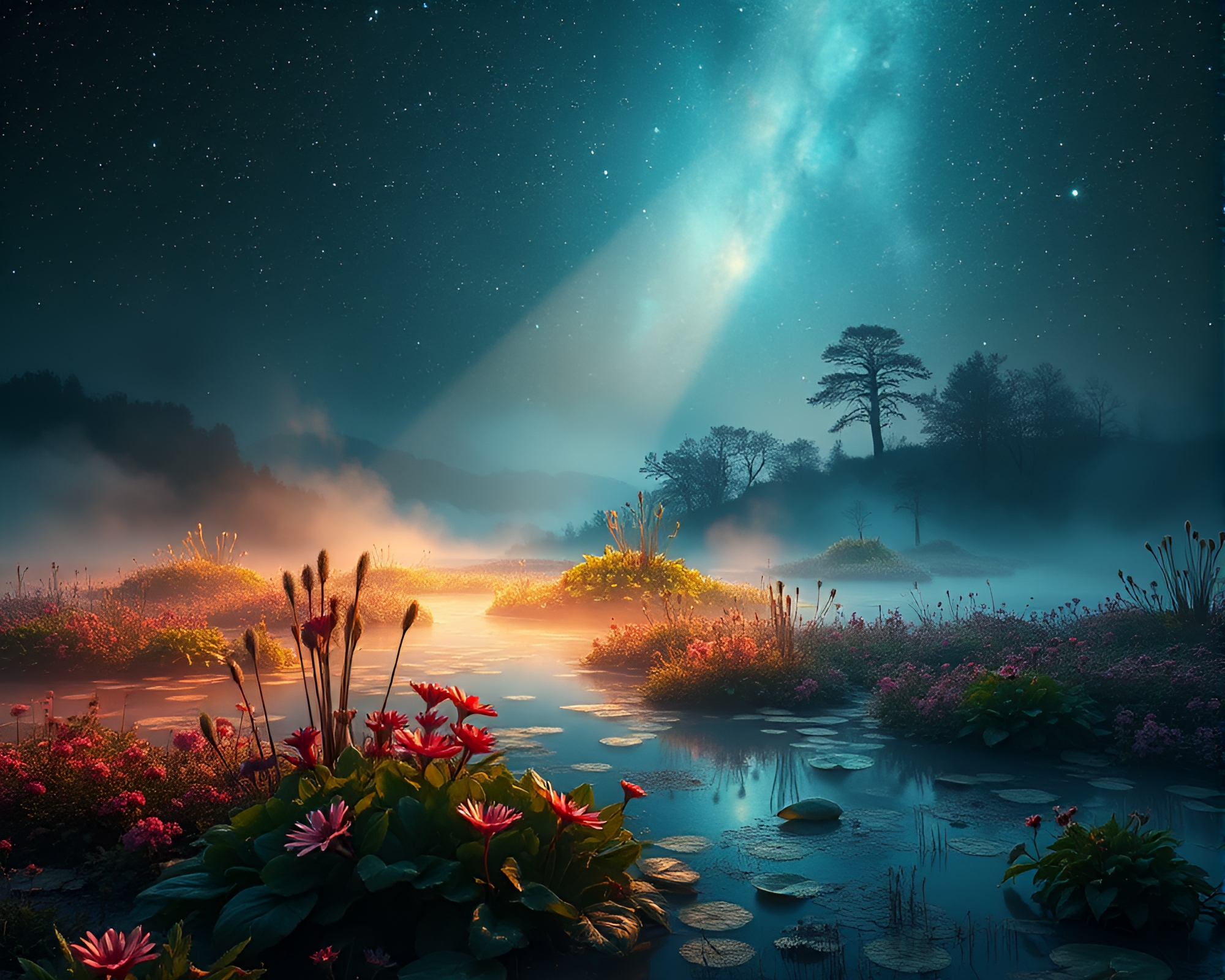 Otherworldly Cosmic Marsh Glows In Starlight Reflection – free AI stock image