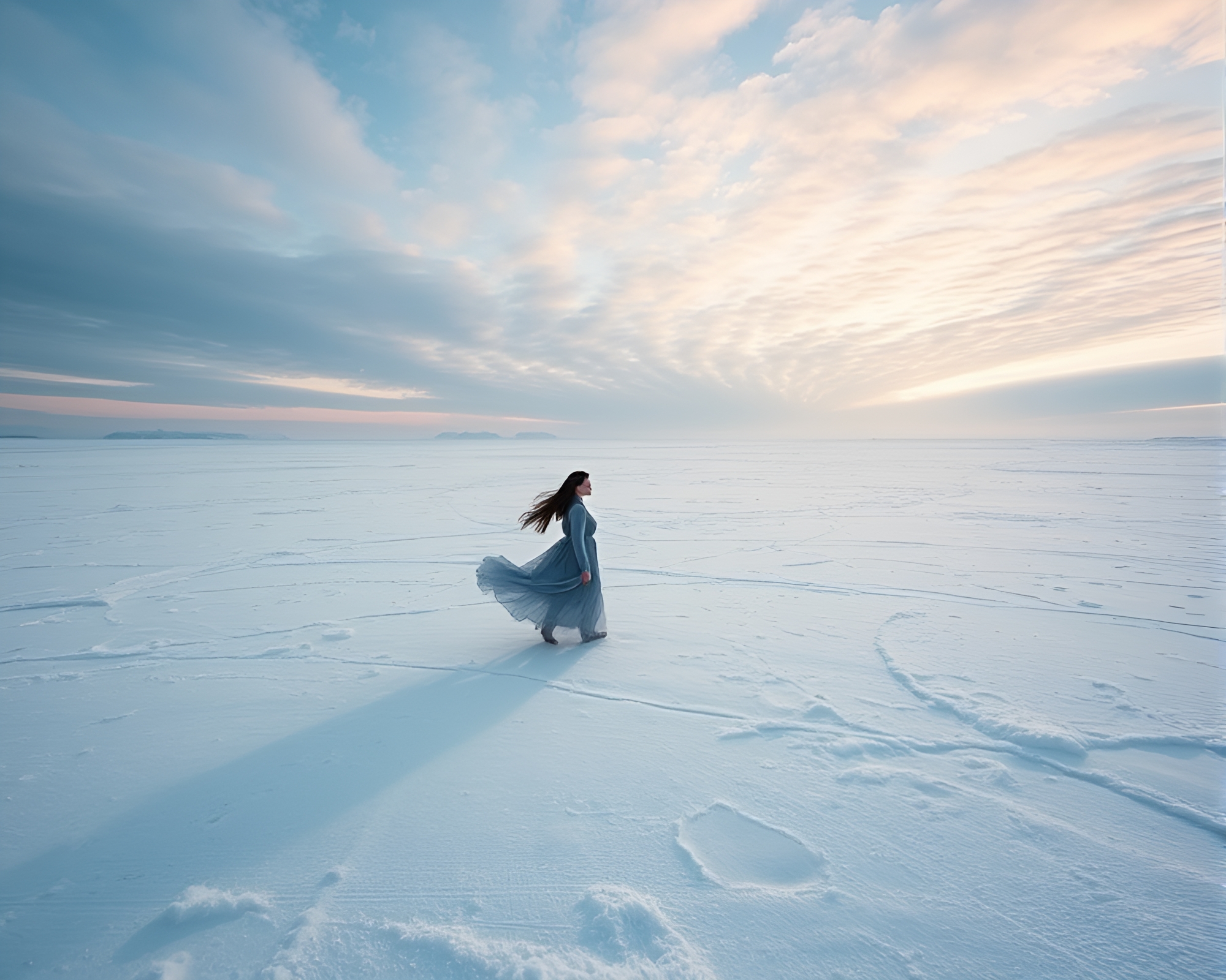 Enchanting Winter Landscape with Ethereal Fashion Figure – free AI stock image