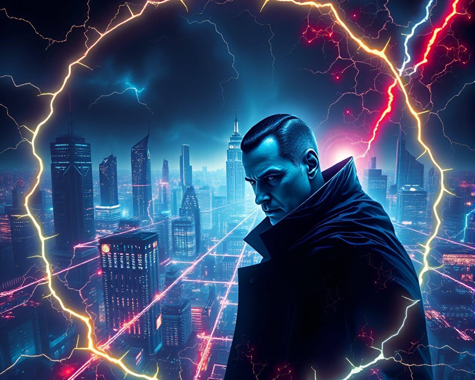 Futuristic cityscape bathed in staticky glow, with mysterious figure