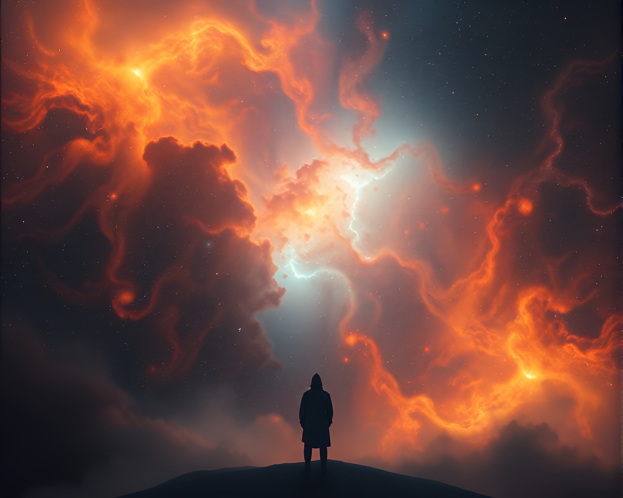 Melancholic Figure Lost in Cosmic Nebula – free AI stock image