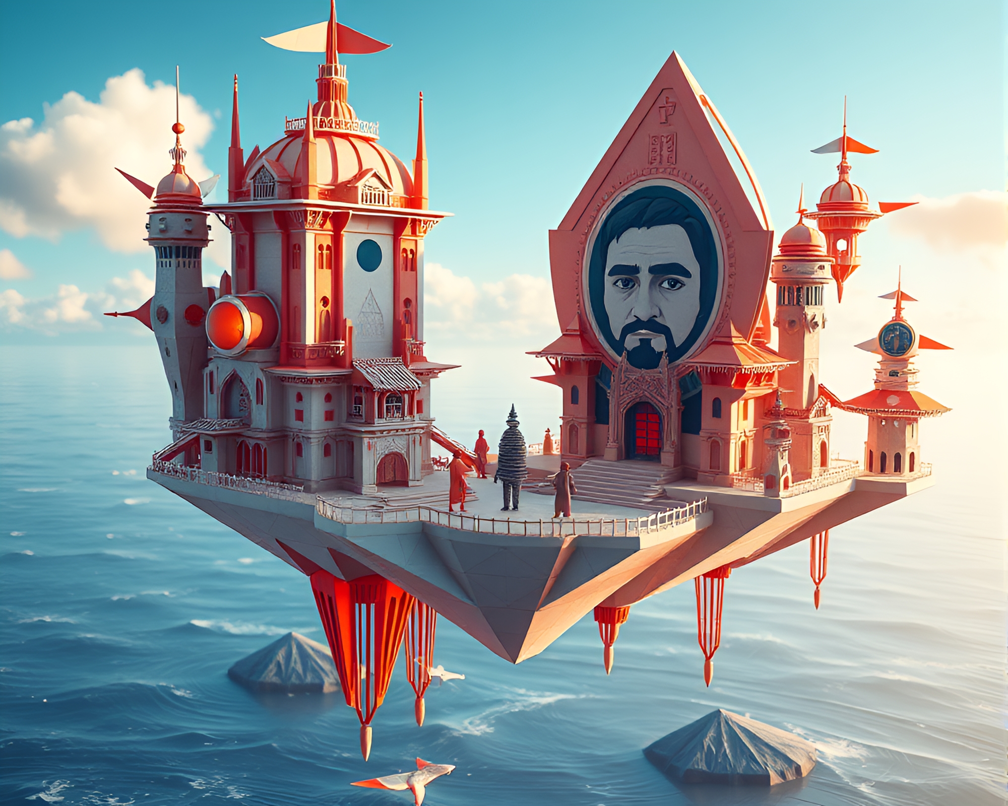 Futuristic Origami City Floating Above Ocean With Stark Portrait – free AI stock image