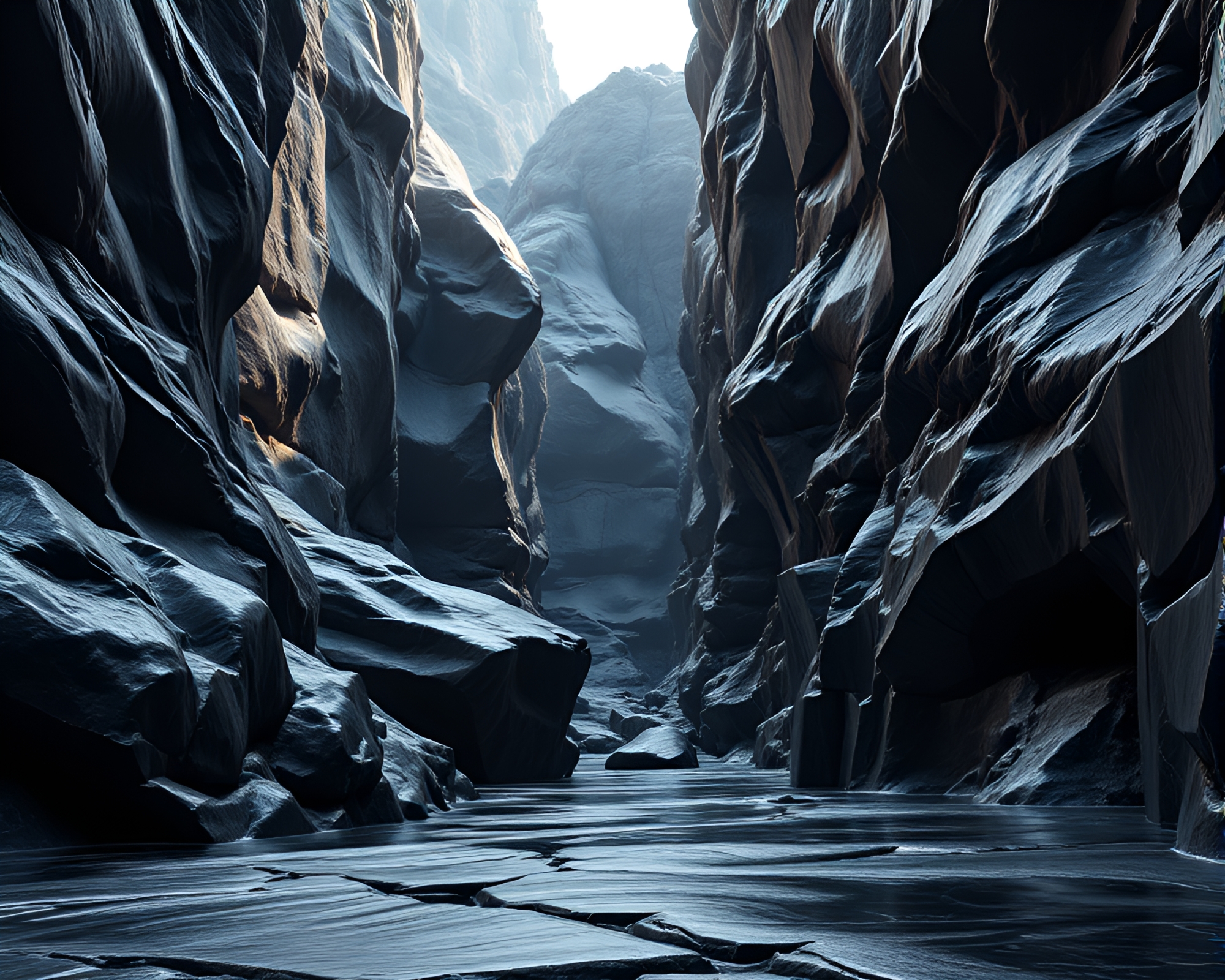 Glistening Obsidian Canyon Landscape – Otherworldly Beauty Captured – free AI stock image