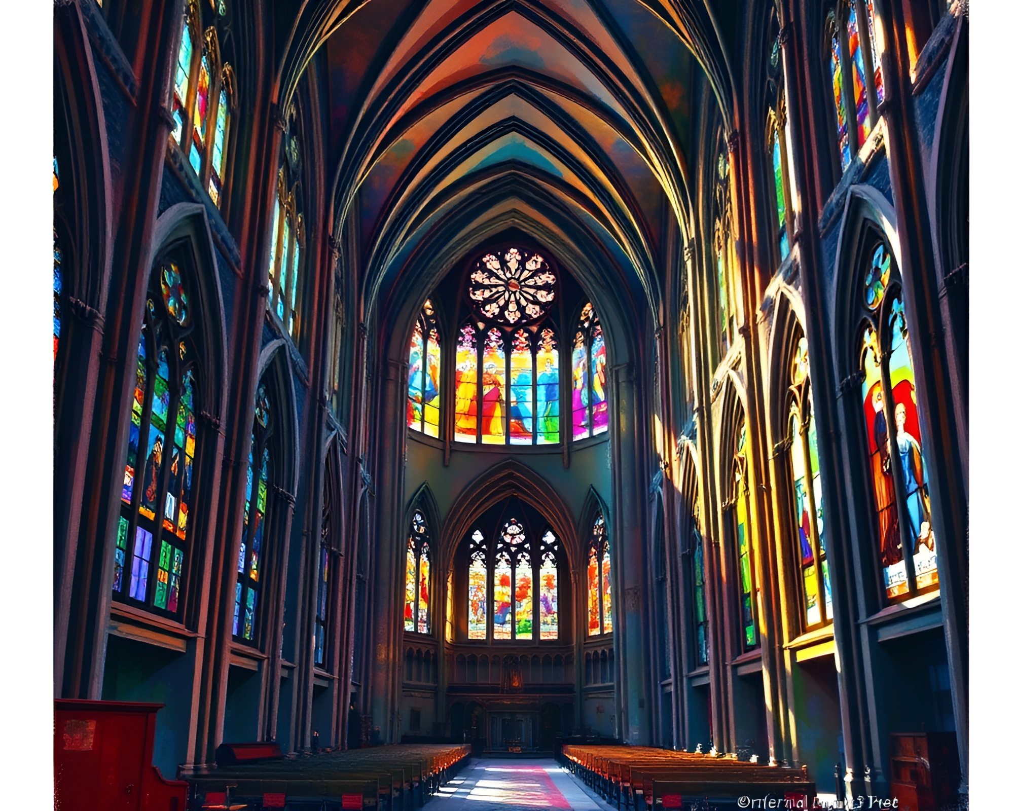 Gothic Cathedral Bathed in Stained Glass Sunlight – free AI stock image