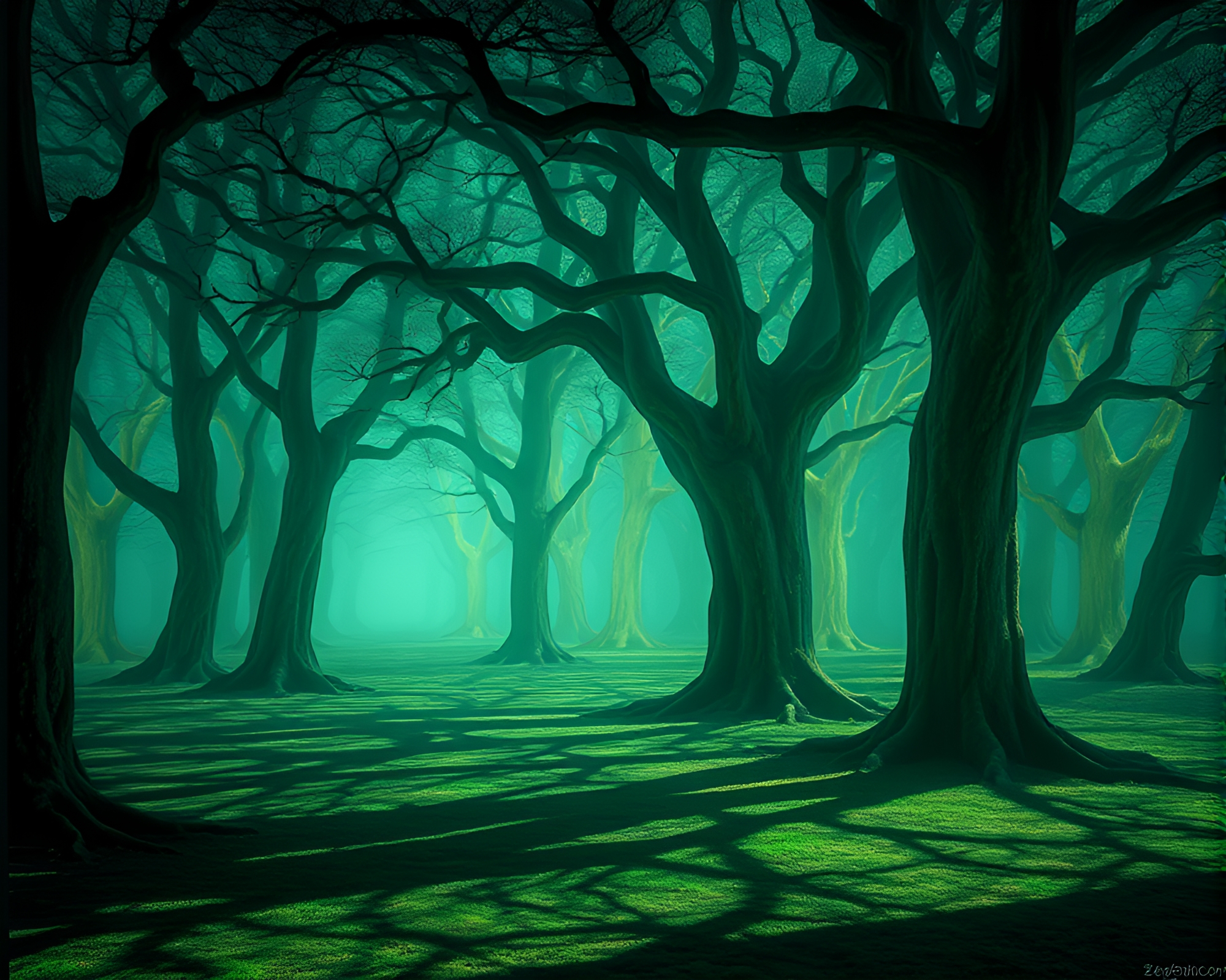 Ethereal Glowing Spectral Oak Forest Illuminates Twilight Enchantment – free AI stock image