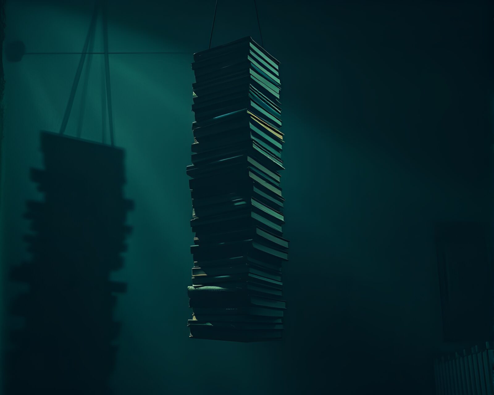 Monochrome 3D-rendered stack of books floating in dim room.