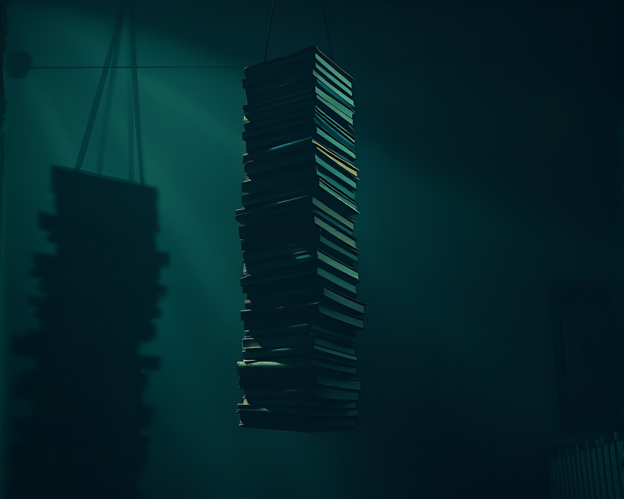 Ethereal Noir Book Stack Suspended in Shadows – free AI stock image
