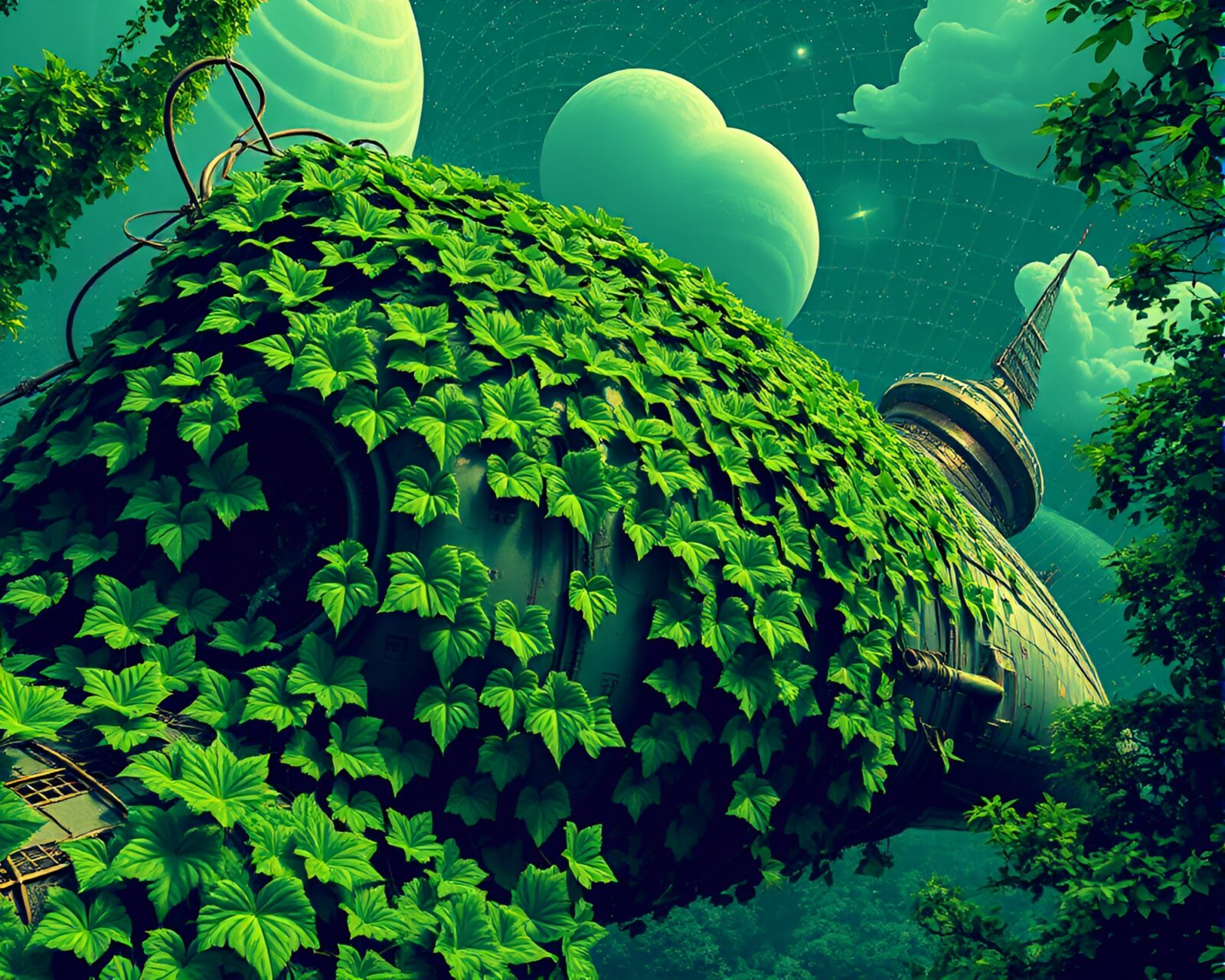 Ivy-covered spacecraft with vibrant colors blending natural and industrial elements