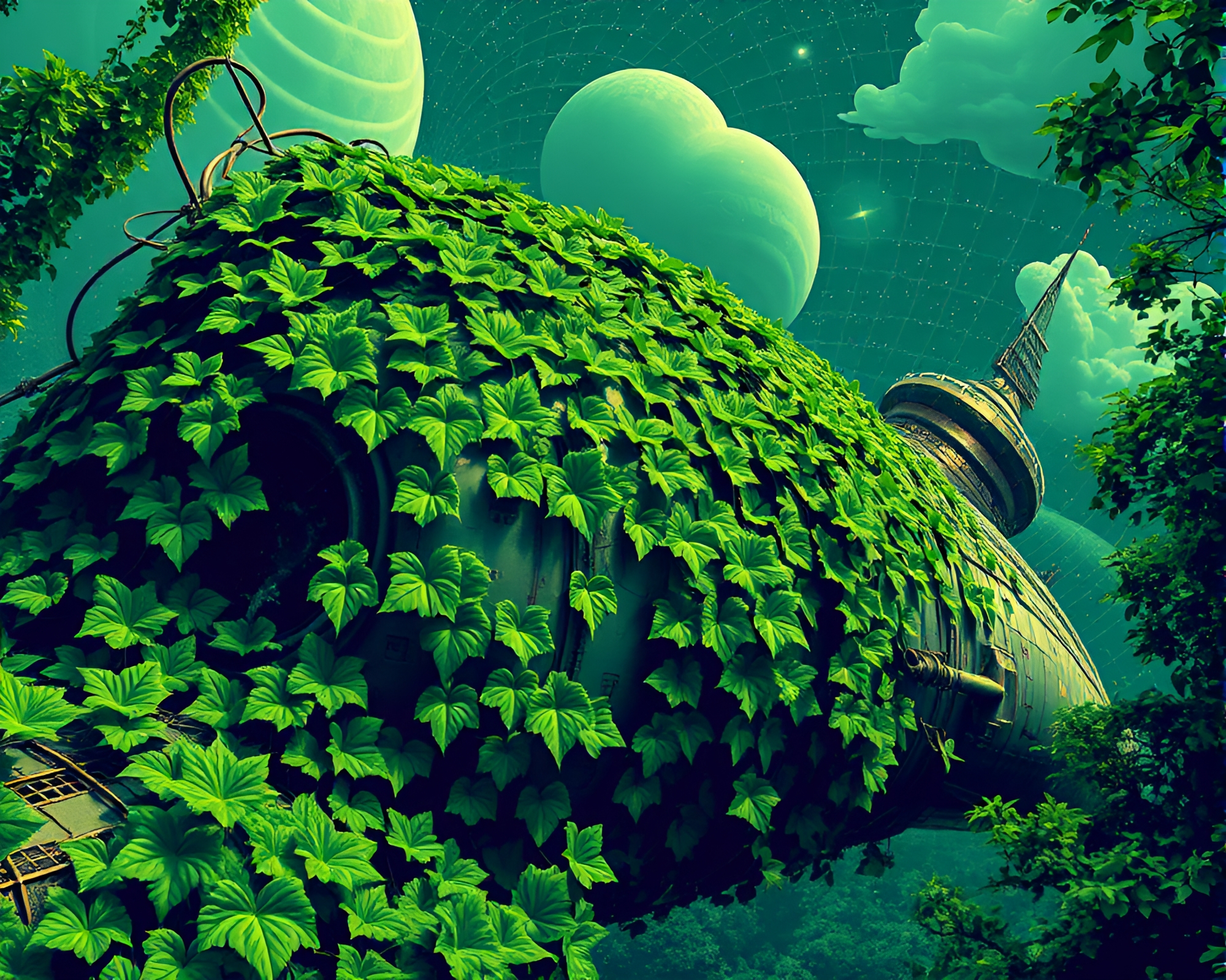 Futuristic Spaceship Covered in Ivy Leaves Pop Art Style – free AI stock image