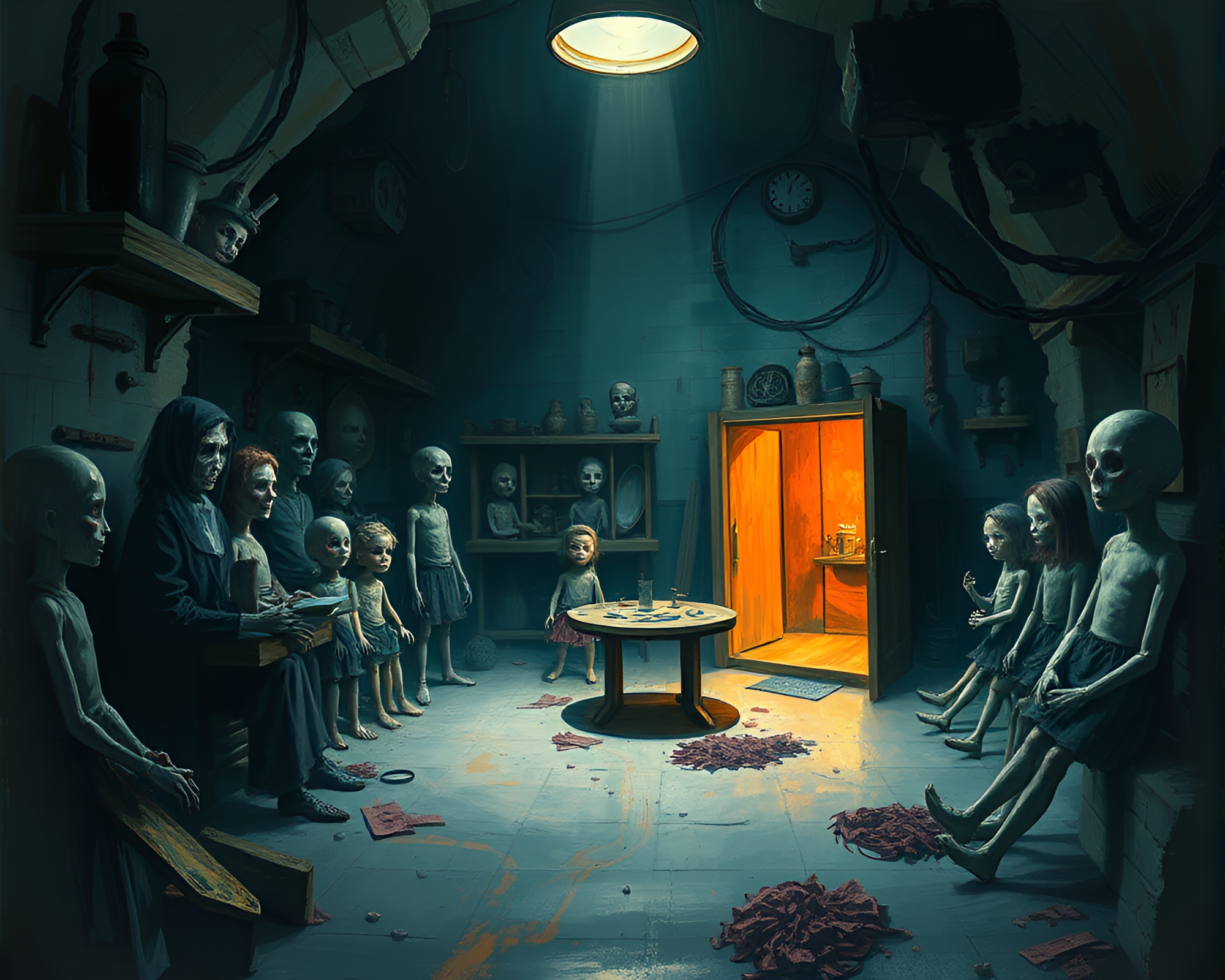 Eerie Doll Workshop in Dimly Lit Underground Lair – free AI stock image
