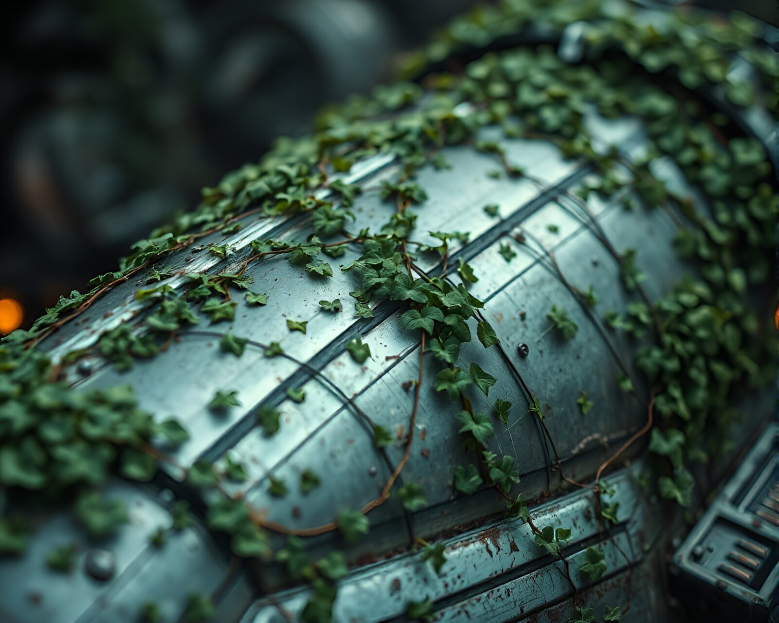 Eerie macro photo of ivy-covered spaceship, nature meets tech