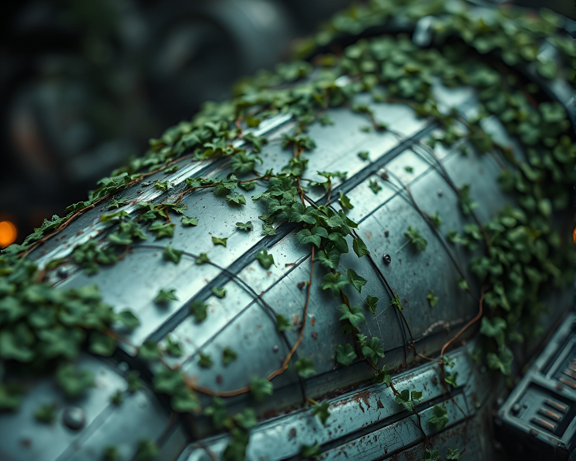 Nature Overtaking Technology: Ivy-Covered Spaceship Hull Close Up – free AI stock image