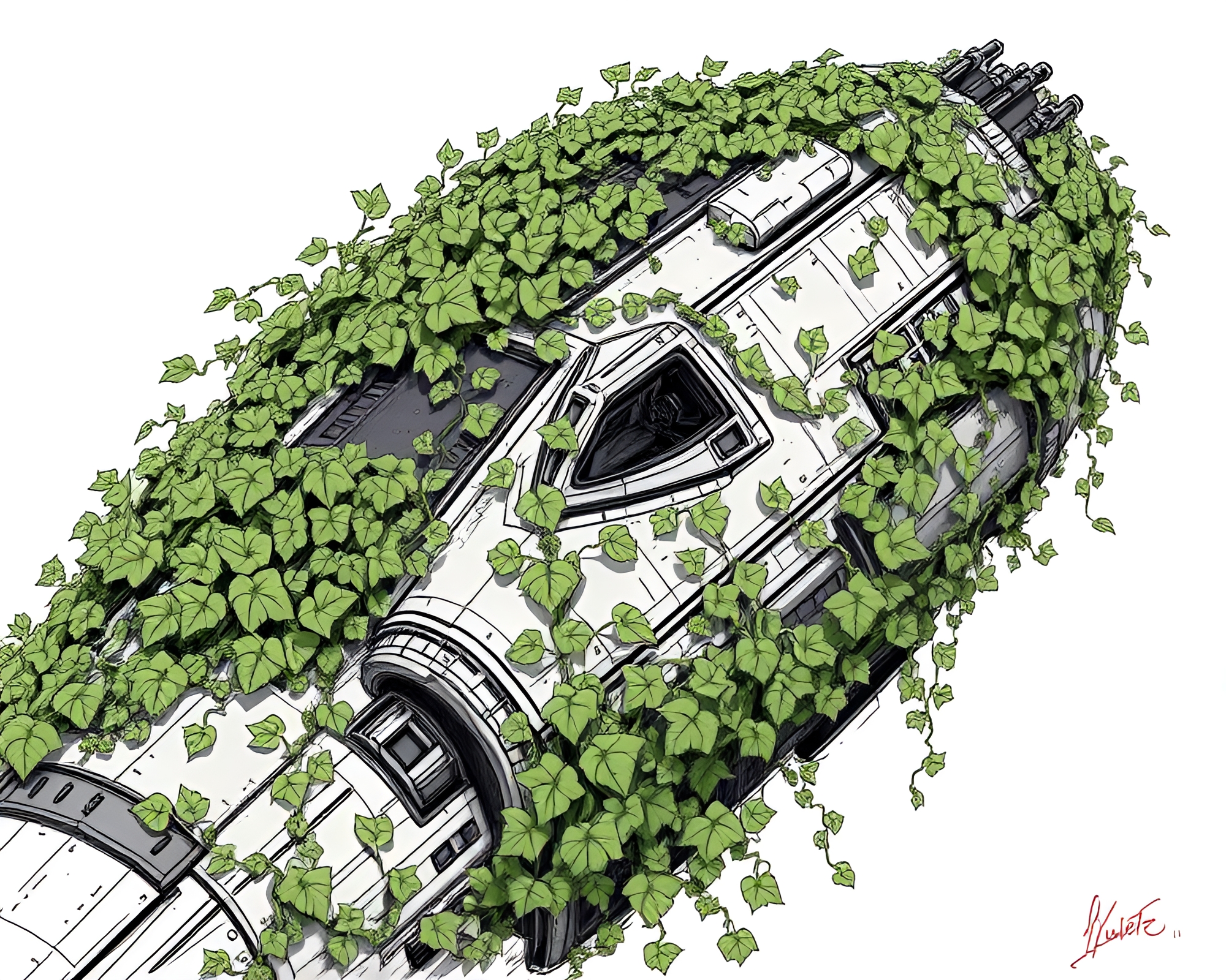Futuristic Spaceship Overgrown with Vibrant Ivy Sketch – free AI stock image