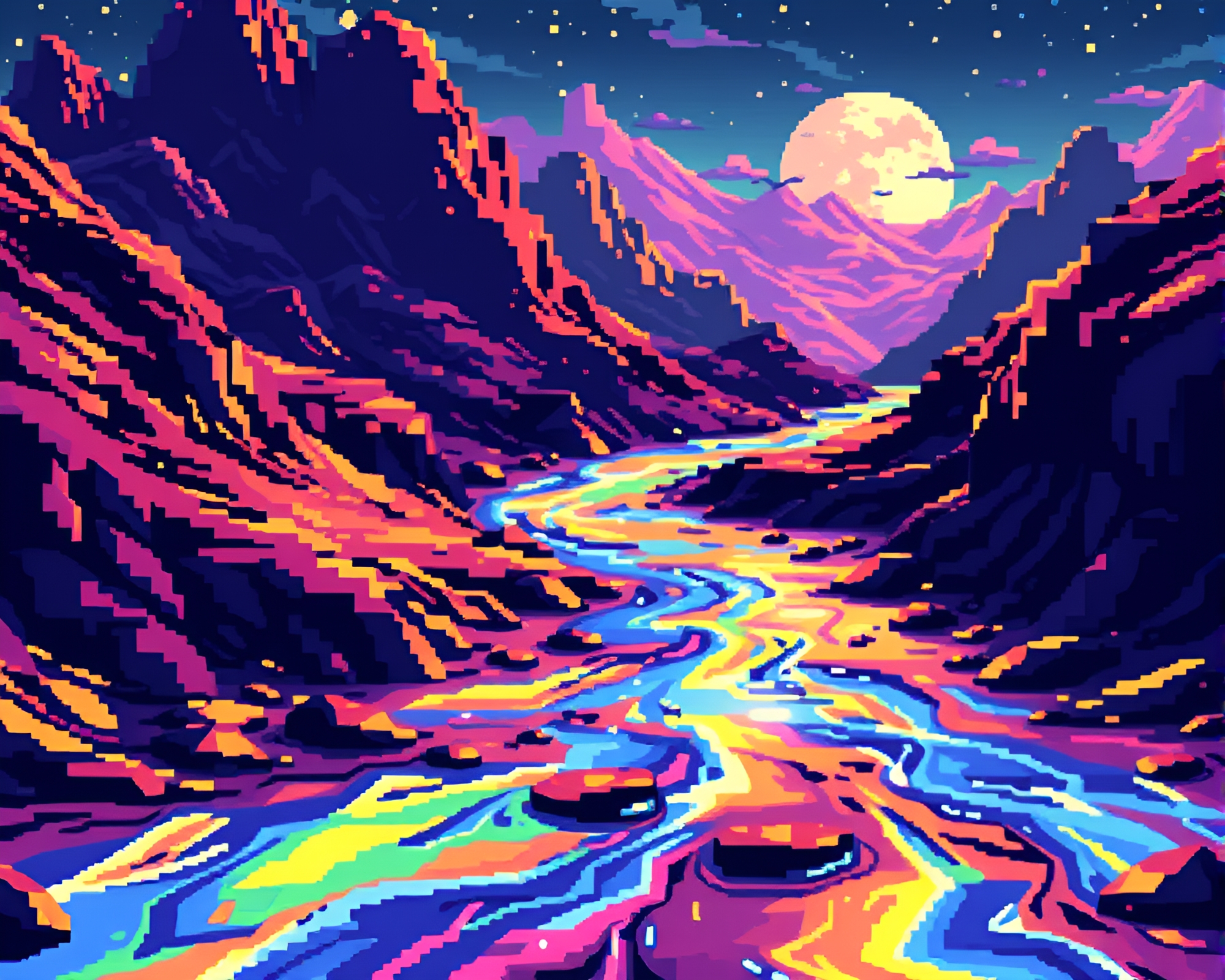 Mercury River: Pixelated Surreal Landscape Masterpiece – free AI stock image