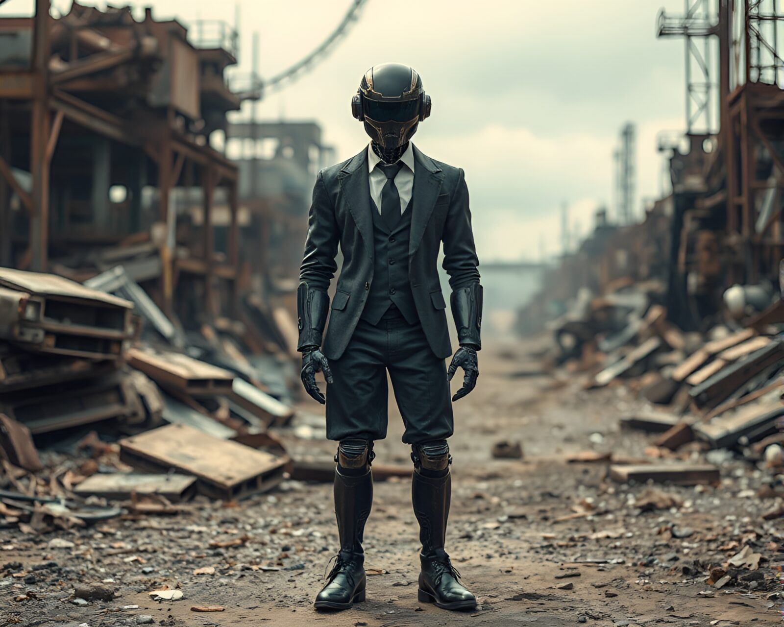Futuristic robot in fashion attire standing in junkyard