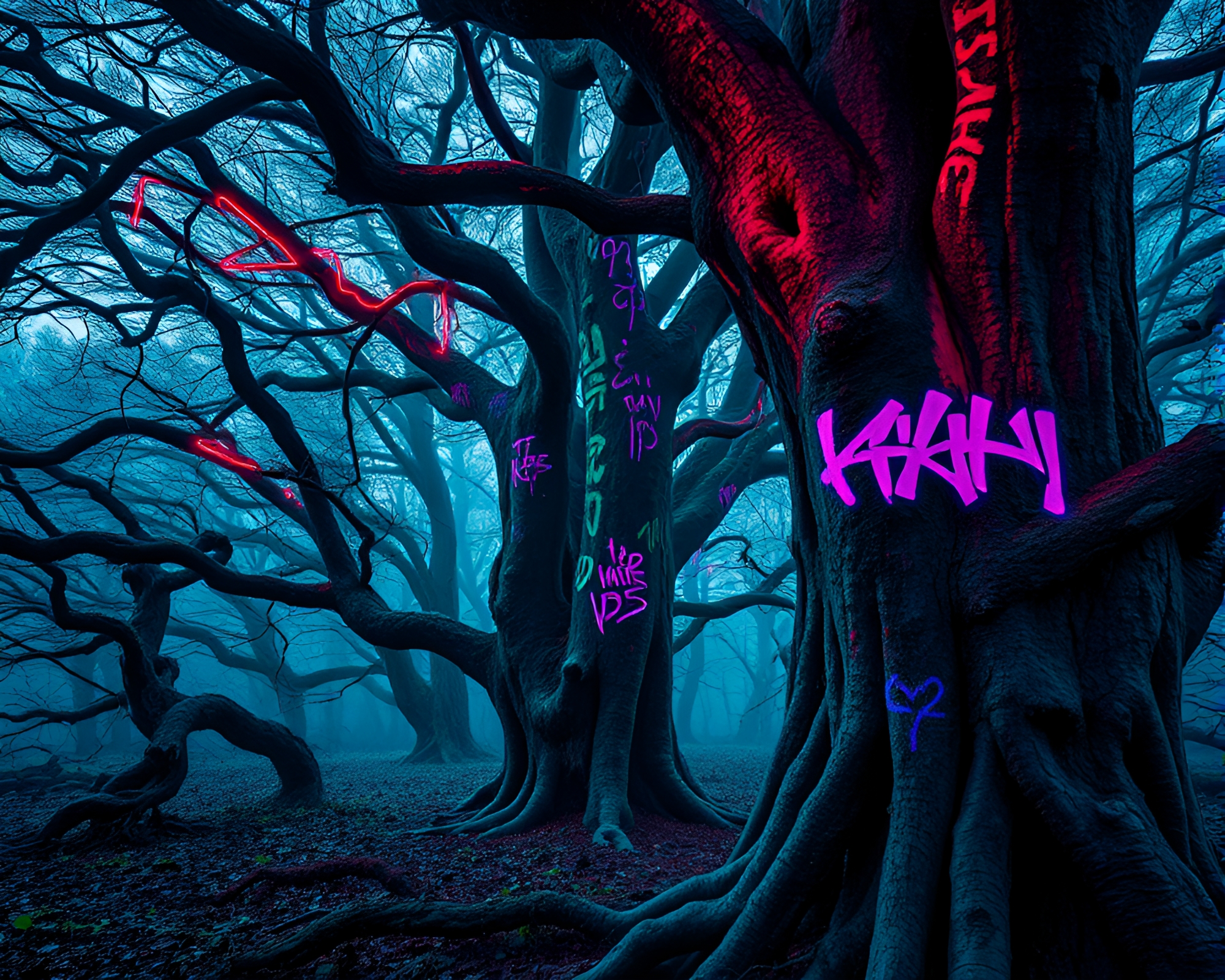 Spectral Neon Graffiti: Nature’s Clash with Urban Art – free AI stock image