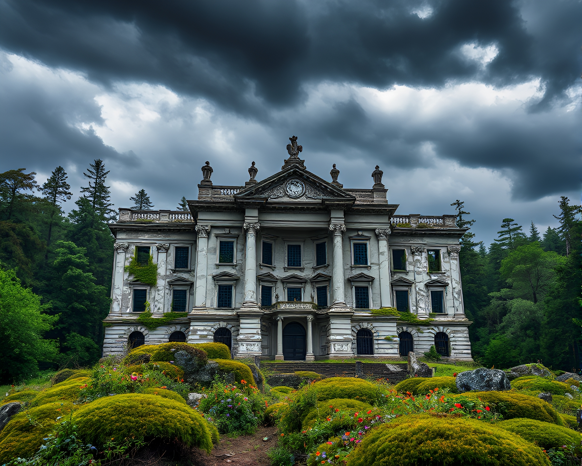Decaying Marble Palace Amidst Vibrant Forest Ruins – free AI stock image