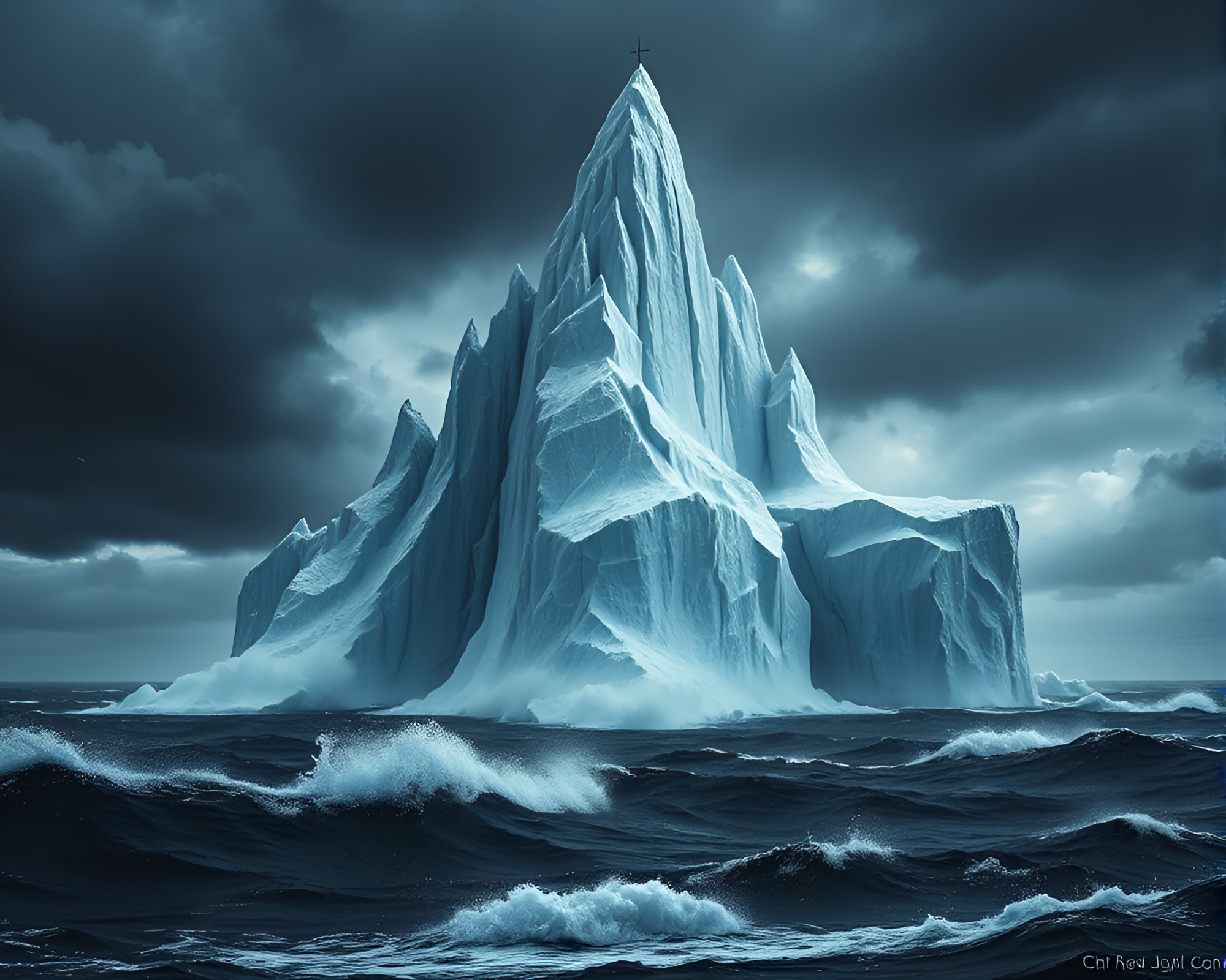Apocalyptic Iceberg Cathedral in Dark Ocean – free AI stock image