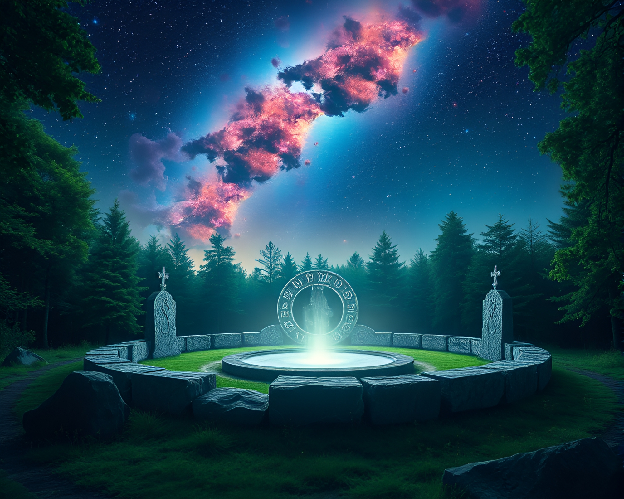 Enchanting Druidic Stone Circle Illuminated by Cosmic Night Sky – free AI stock image