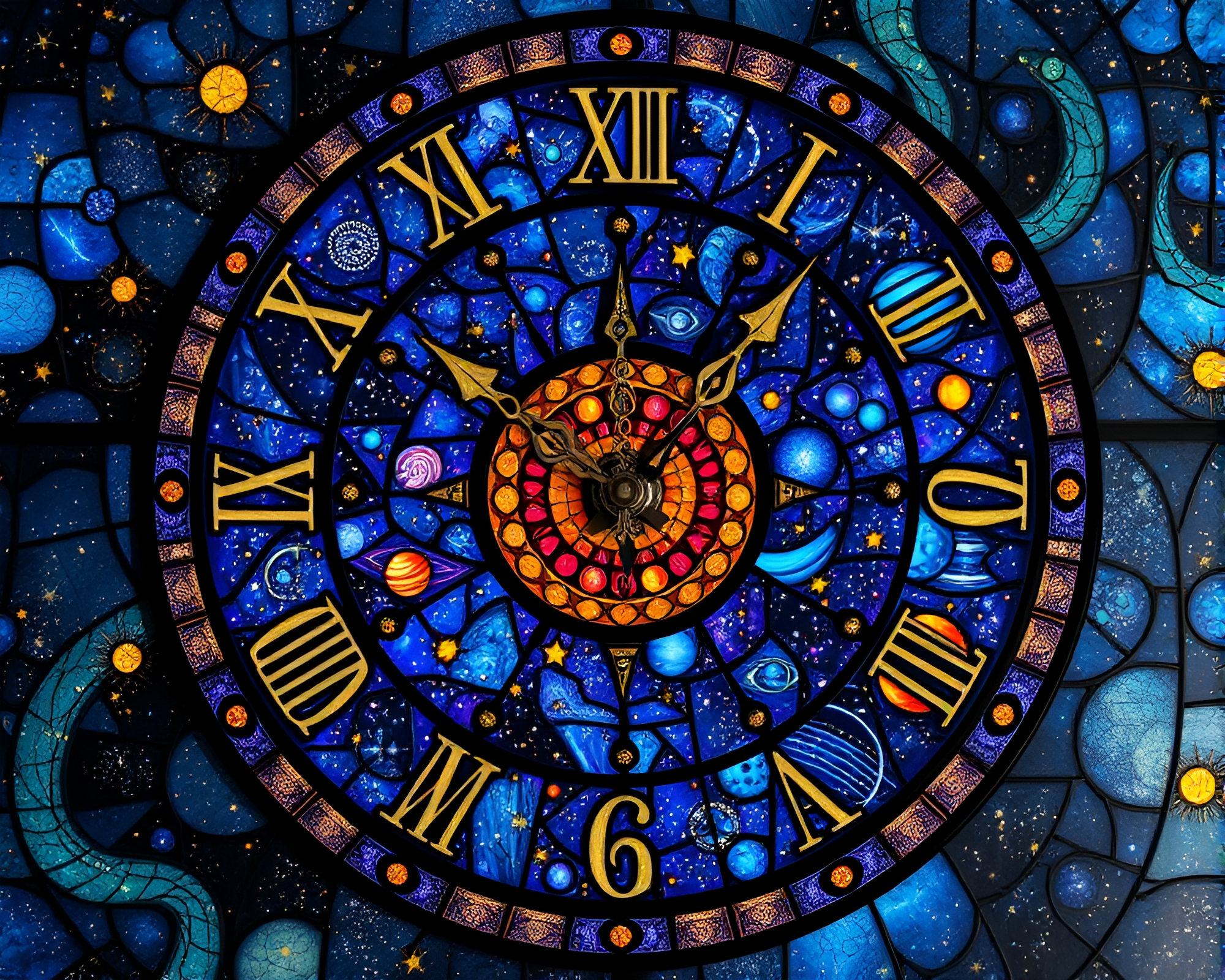 Mesmerizing Cosmic Clock Face Stained Glass Artwork – free AI stock image
