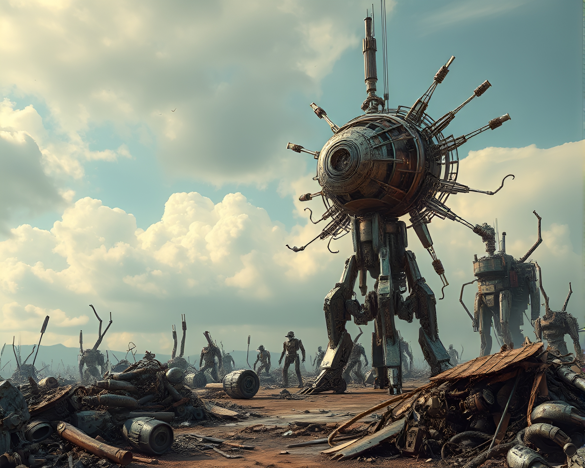 Futuristic Kinetic Sculpture in Ruined Robotic Junkyard – free AI stock image