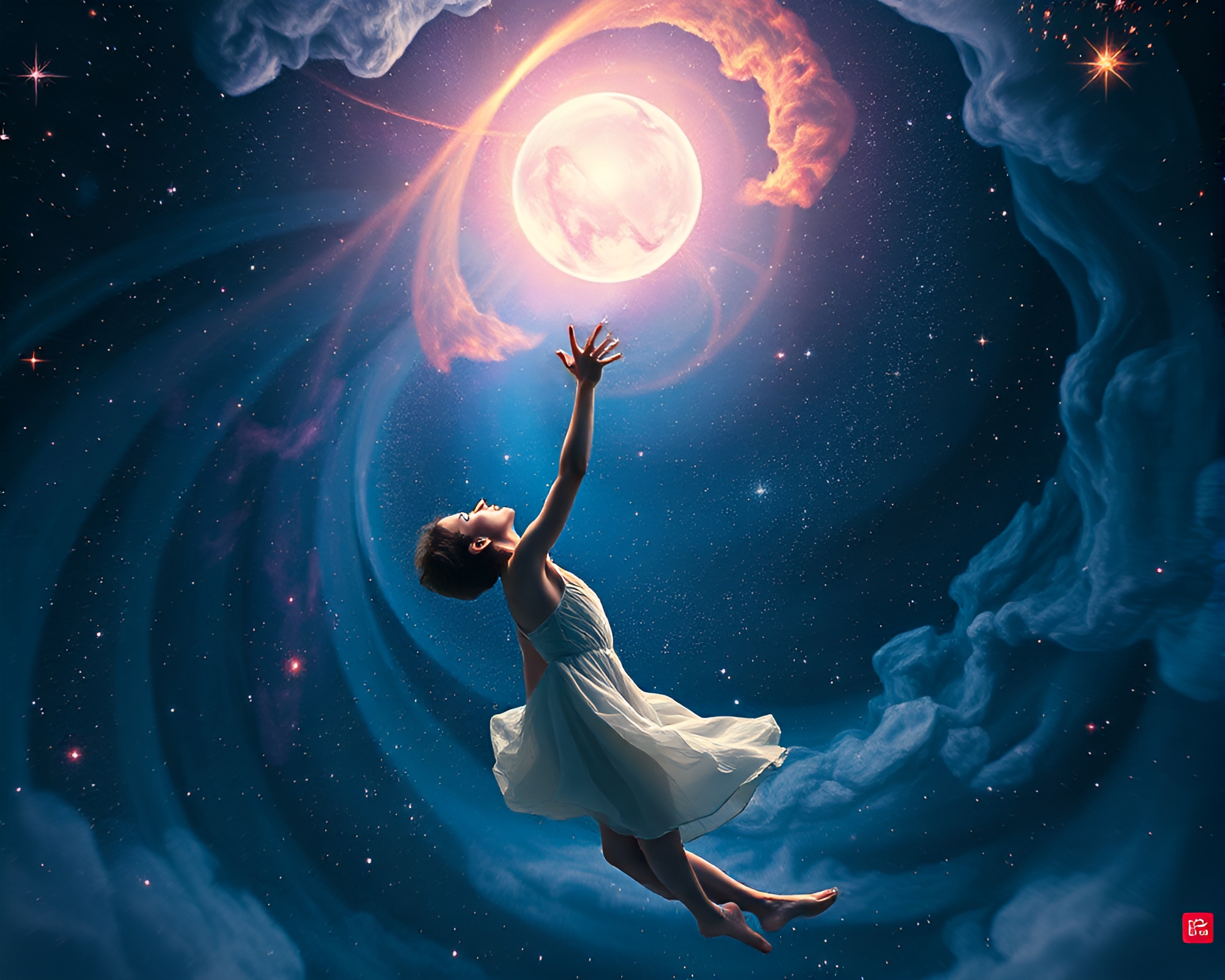 Surreal Zero-Gravity Portrait Reaching for Glowing Orb – free AI stock image