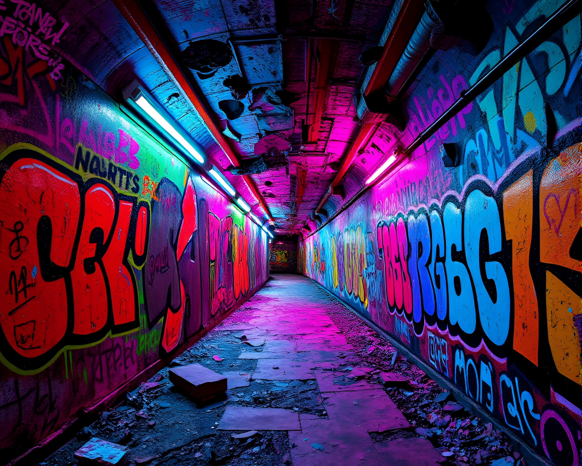 Apocalyptic Cubism in Neon-Lit Graffiti Tunnel – free AI stock image