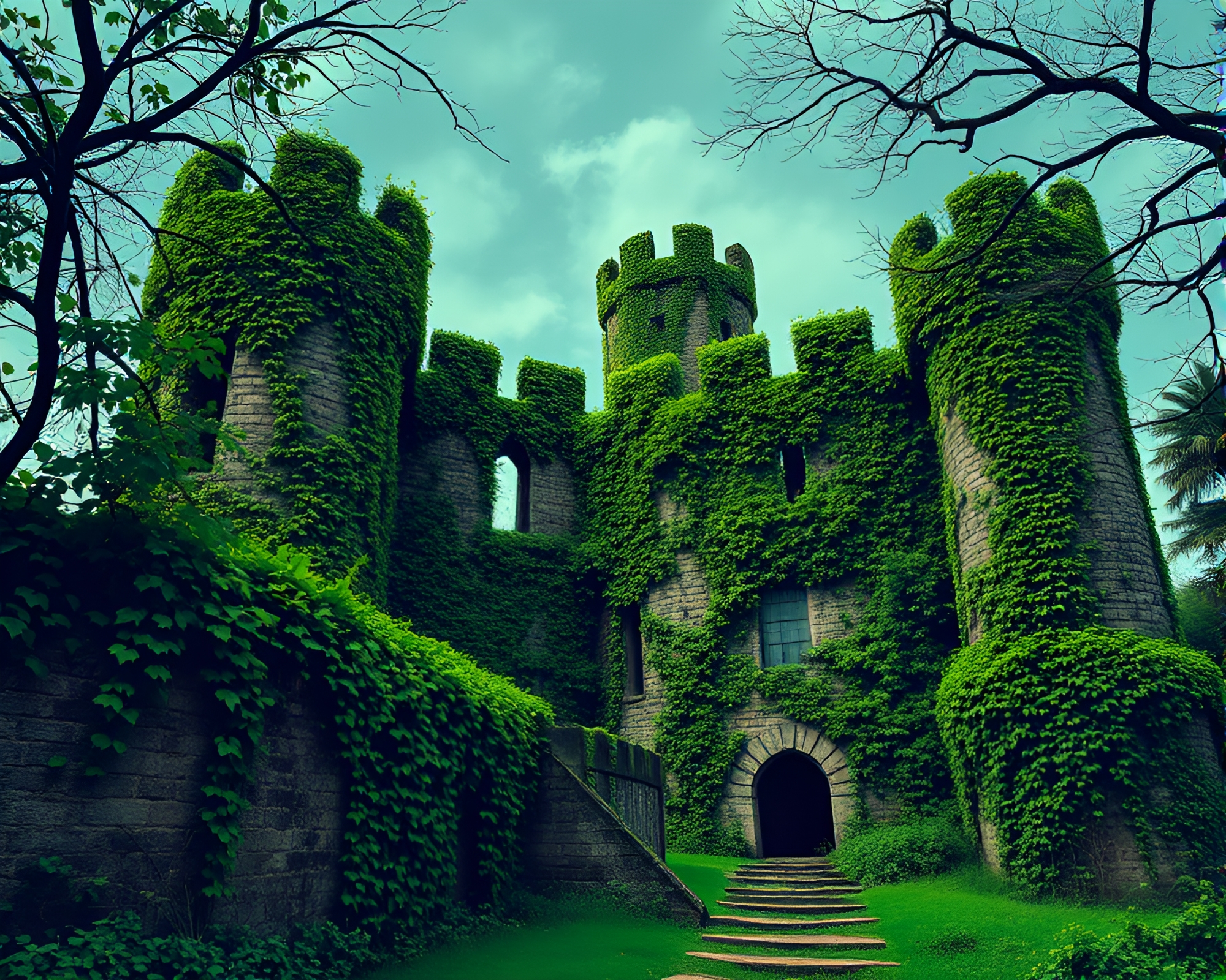 Vibrant Ivy-Covered Fortress in Pop Art Style – free AI stock image