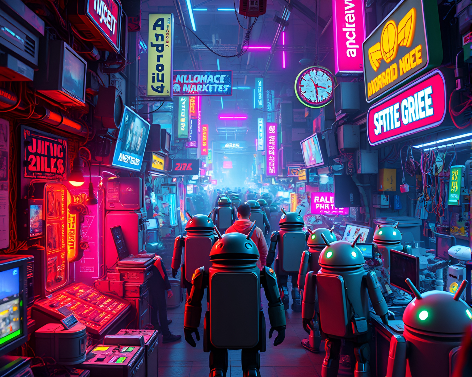 Futuristic Android Market Glows with Neon Lights – free AI stock image
