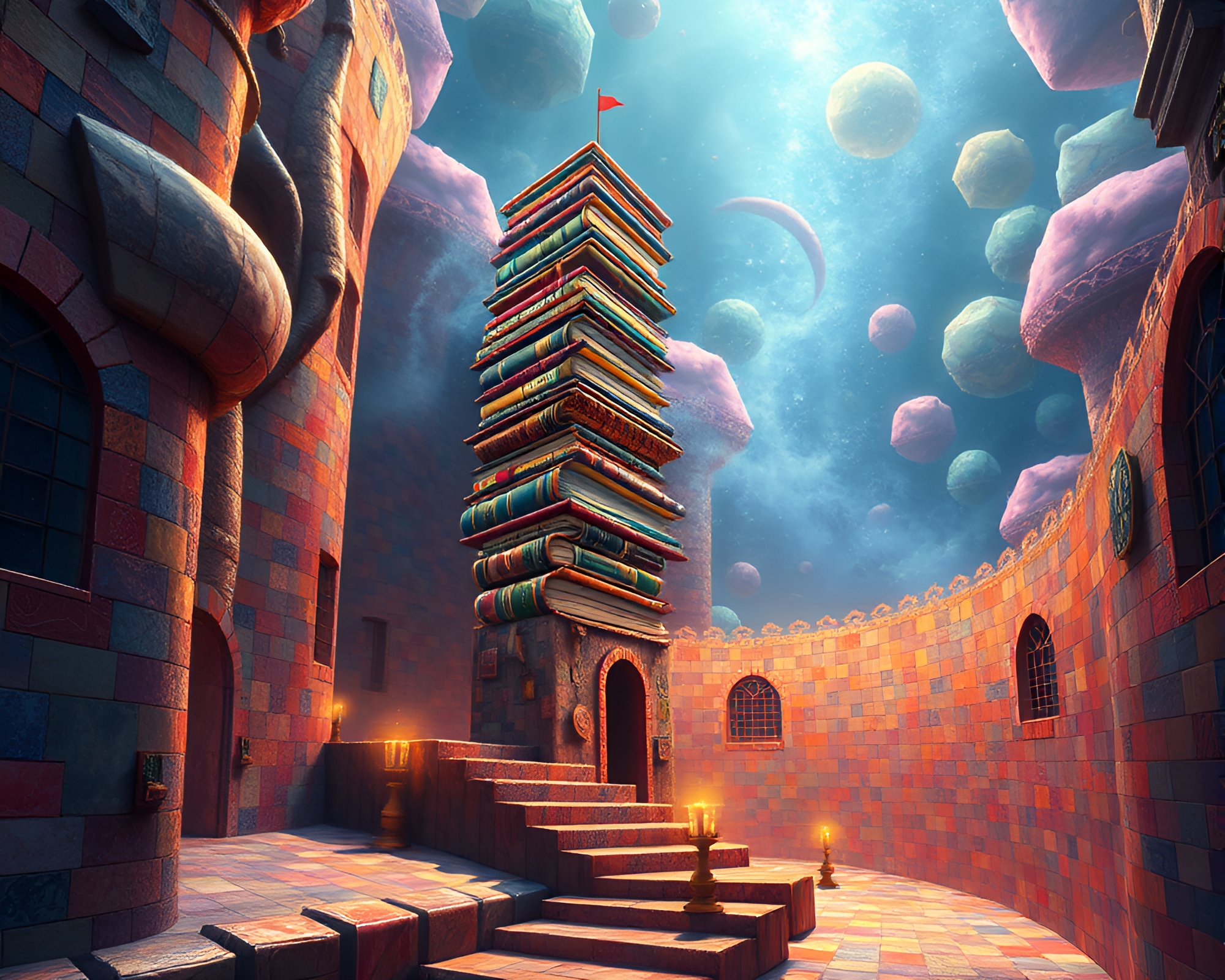 Surreal Book Tower Among Mosaic Tiles – free AI stock image