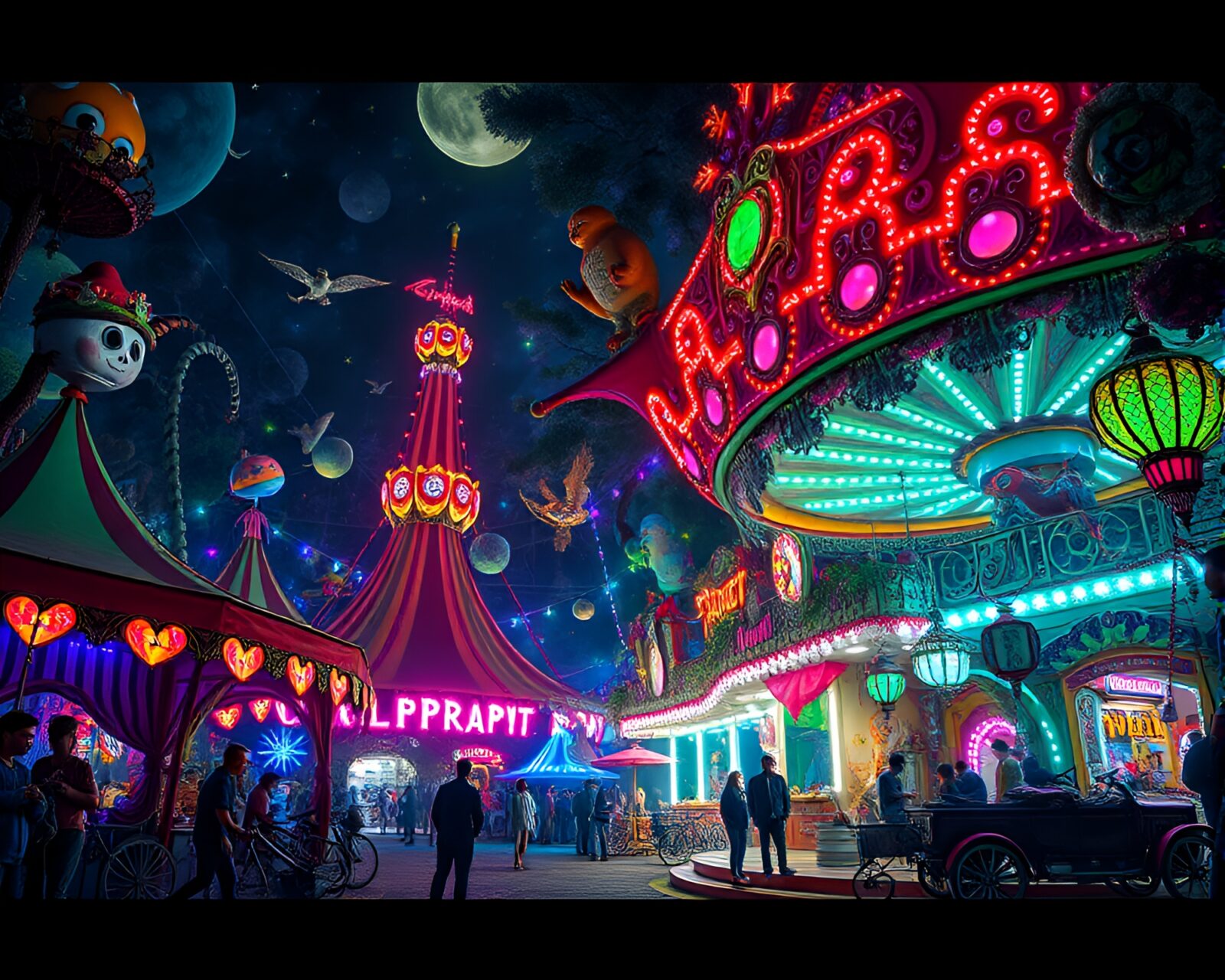 Surreal and lush carnival scene with vibrant colors and fantastical elements