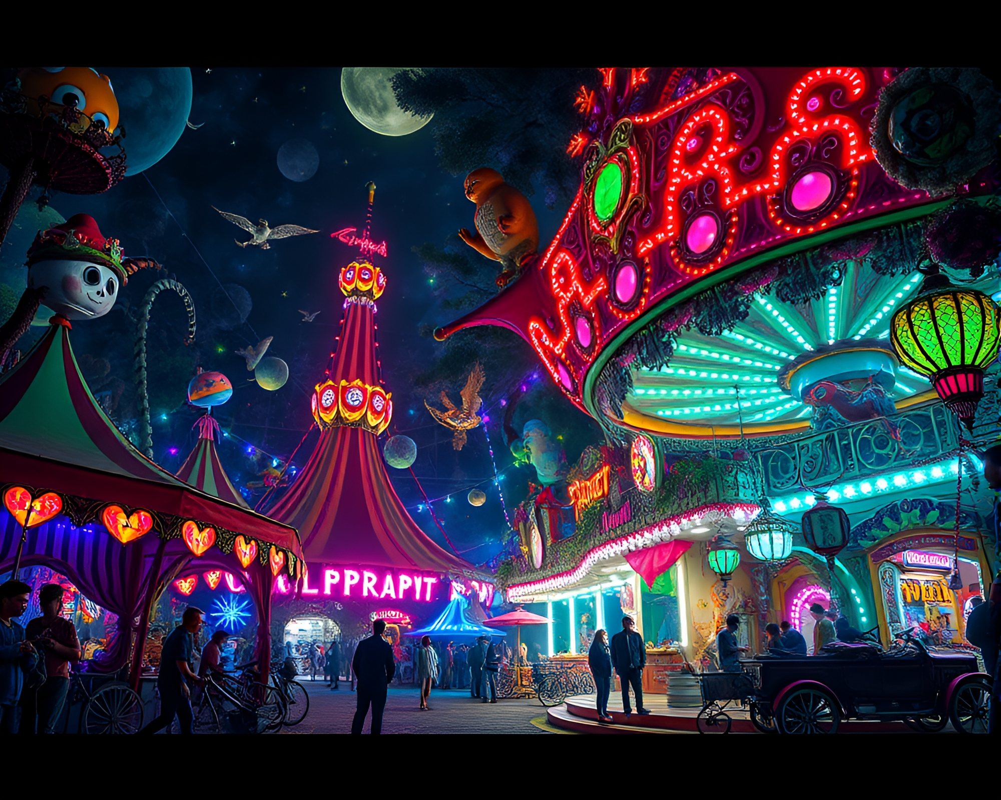 Enchanting Night Carnival with Spectral Lights and Whimsical Elements – free AI stock image