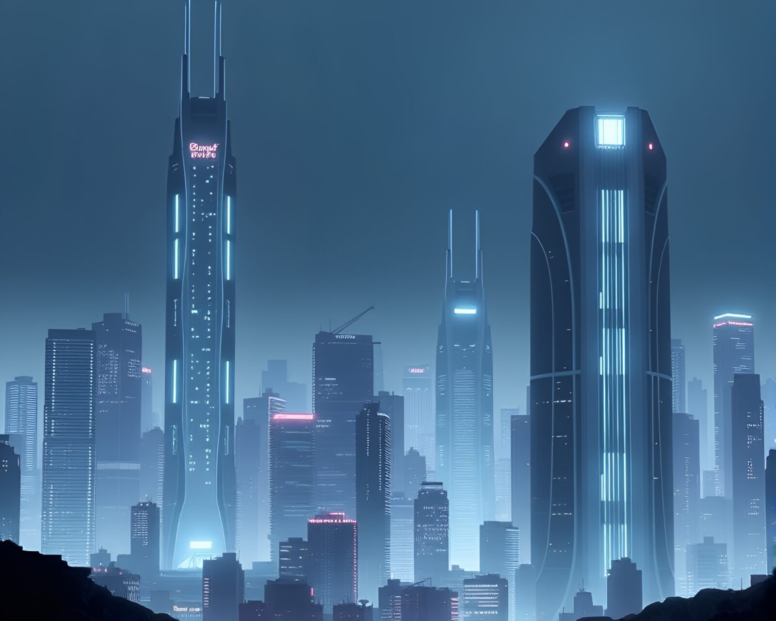 Futuristic cityscape with glowing bioluminescent skyscrapers and minimalist design