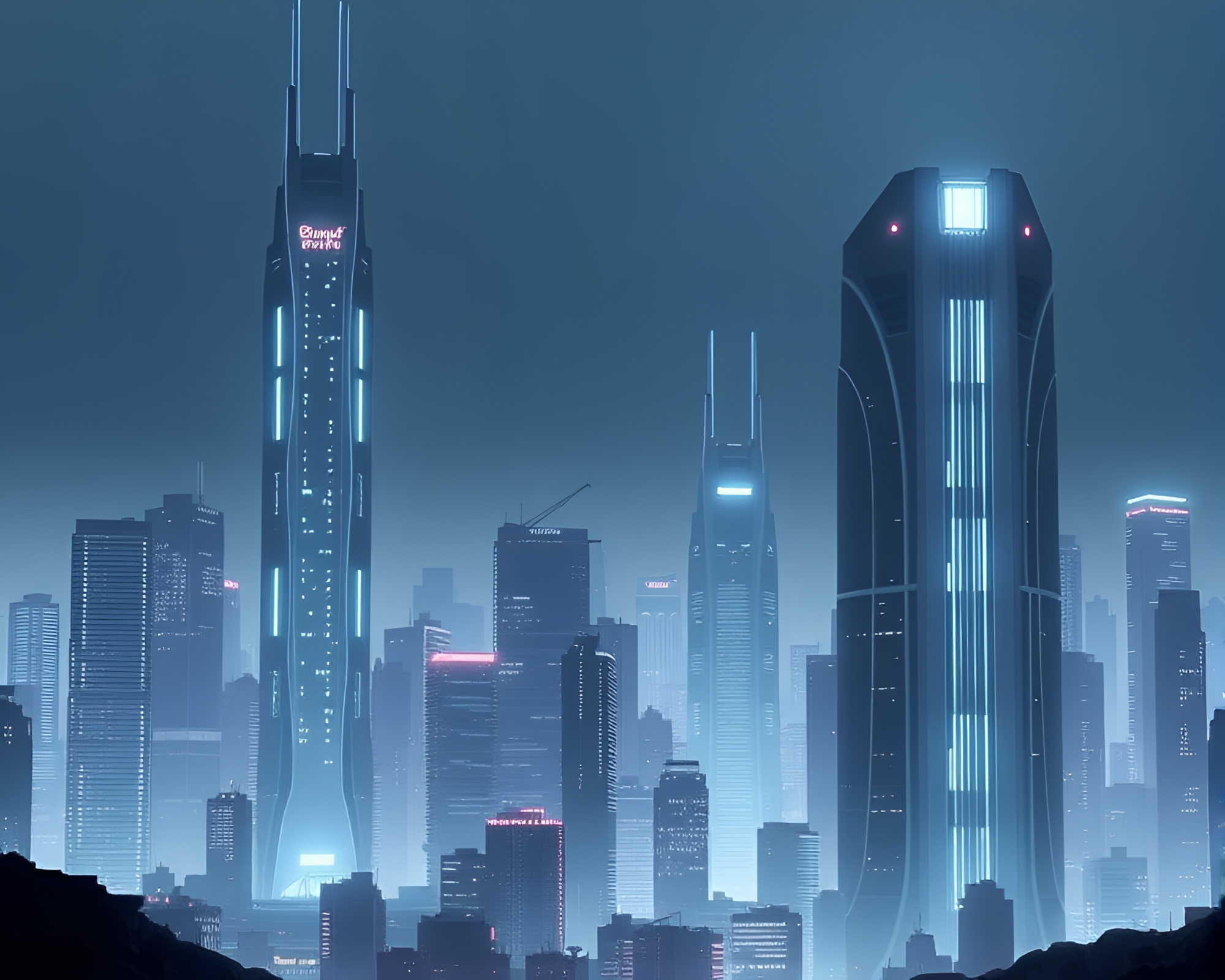 Sleek Bioluminescent Skyscrapers Illuminate Futuristic Urban Scene – free AI stock image