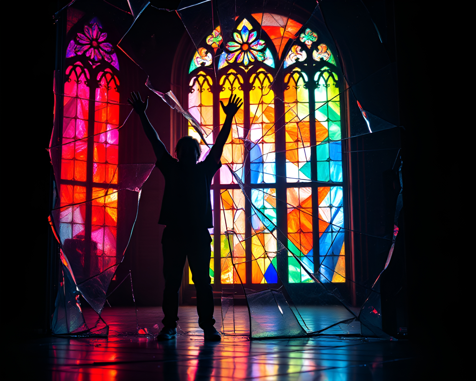 Jubilant Figure Stands before Shattered Mirror Reflections – free AI stock image