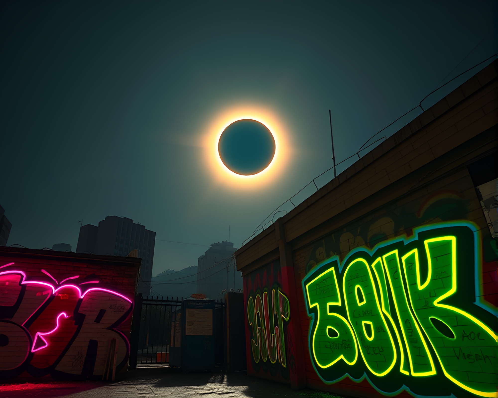Mesmerizing Solar Eclipse Illuminates Neon Graffiti in Urban Night – free AI stock image