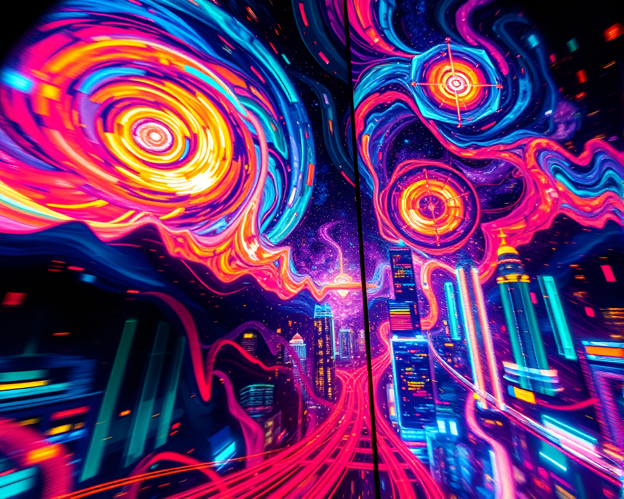 Dynamic Futuristic Stained Glass Window Depicting Galactic Cityscapes – free AI stock image