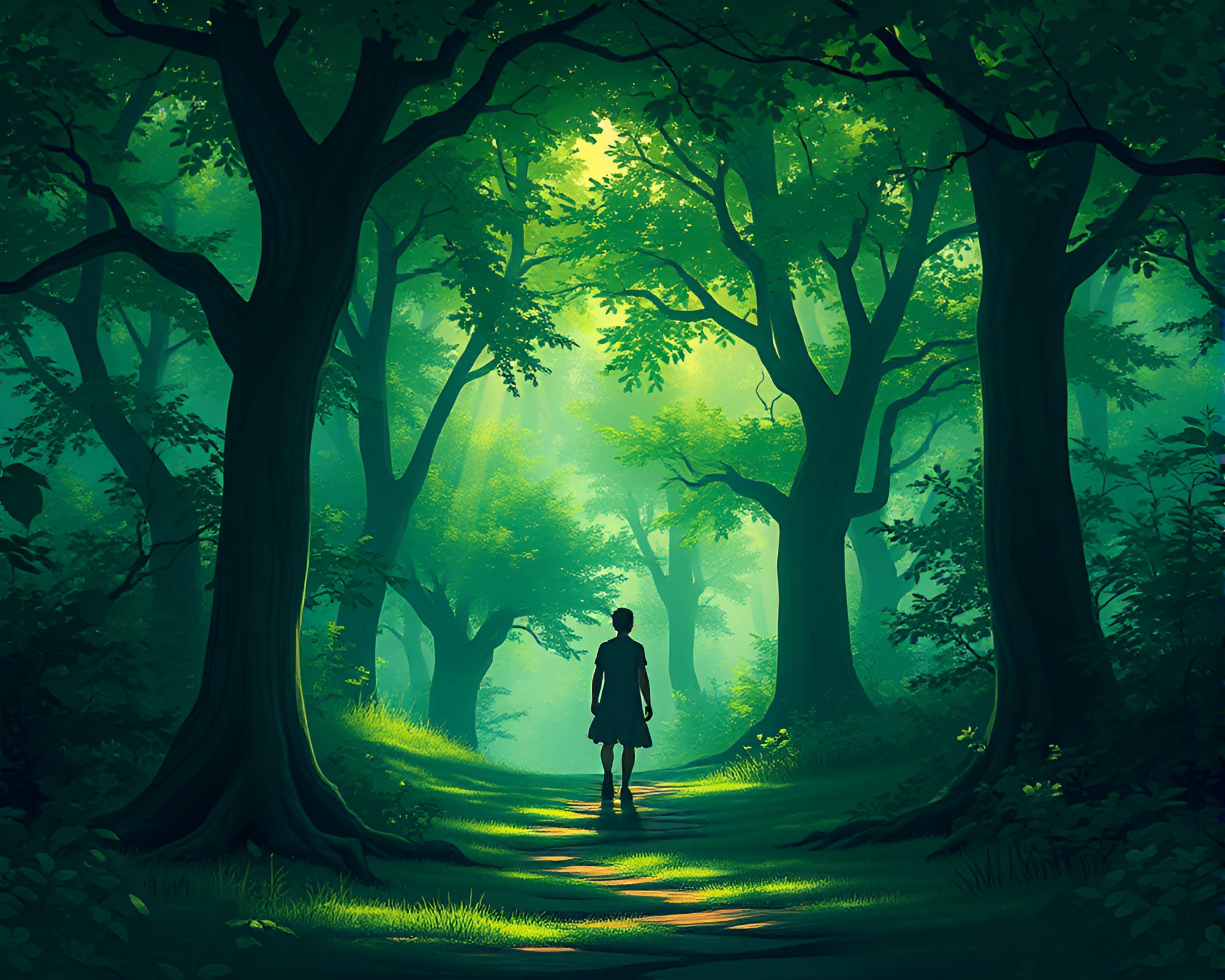 Enigmatic Anime Forest: Lone Figure in Emerald Canopy – free AI stock image